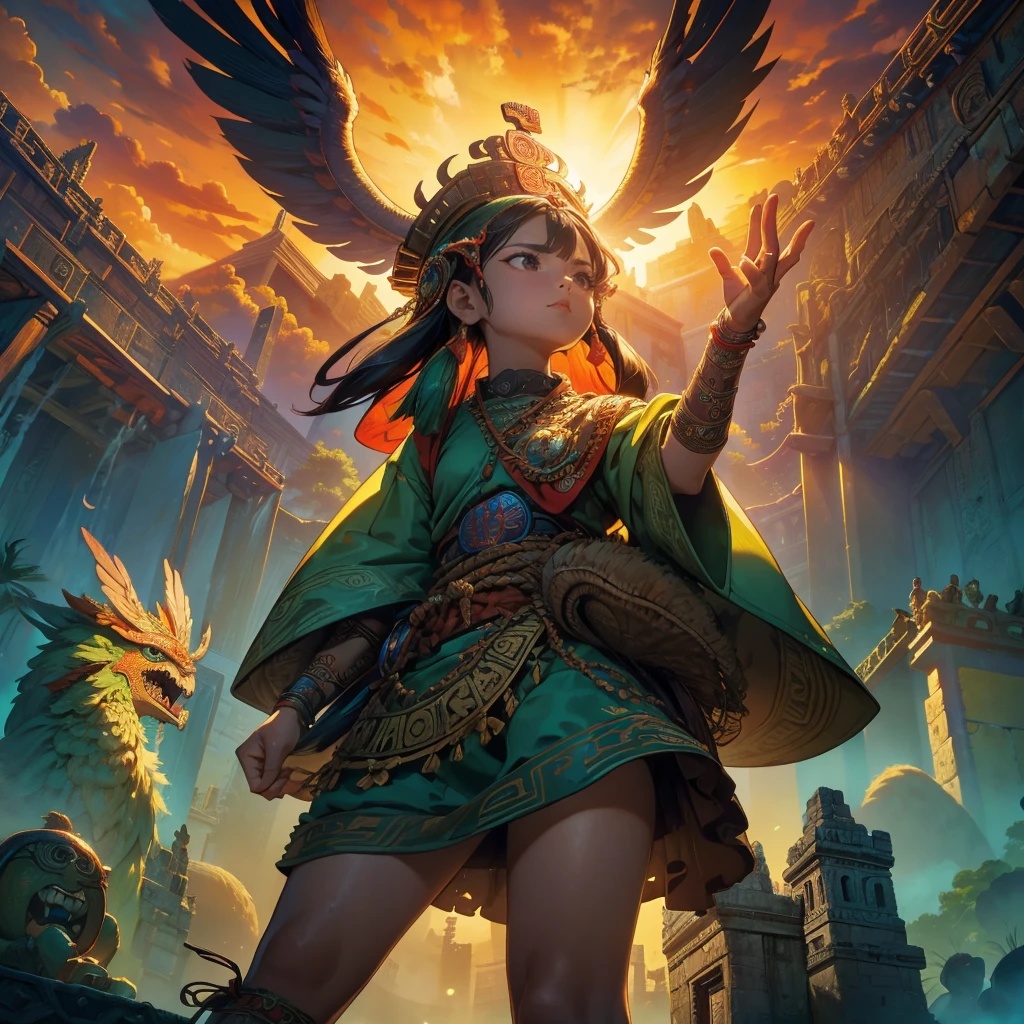 Childish, high quality、Very detailed、8Year、Mayan Aztec young priestess、Flying Feathered Serpent(Quetzalcoatl Kukulkan)Looking up at the sky and offering prayers、Chichen Itza Temple of the Sun in the Forest、mysterious、