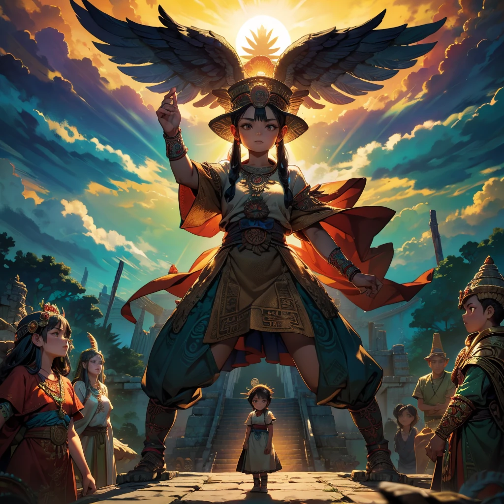 Childish, high quality、Very detailed、8Year、Mayan Aztec young priestess、Flying Feathered Serpent(Quetzalcoatl Kukulkan)Looking up at the sky and offering prayers、Chichen Itza Temple of the Sun in the Forest、mysterious、