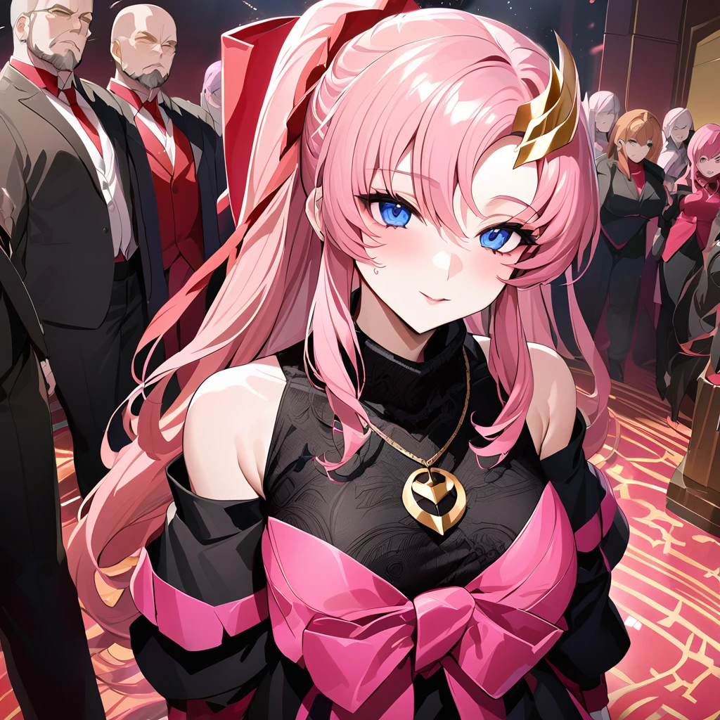((Highest quality)), ((masterpiece)), (detailed), (Perfect Face)、The woman is Lacus Clyne, the wife of the leader of a mysterious evil god cult. She has blue eyes, medium-long pink hair, a hair accessory, is wearing the mysterious and luxurious evil god cult uniform, a necklace and accessories with devil symbols, a luxurious head chain tiara, and an engagement ring.、The woman is the wife of a middle-aged, bearded leader of a mysterious cult of evil gods.、He is standing at the altar of the Evil God Cult with a mysterious cult leader dressed in luxurious cult leader clothing.