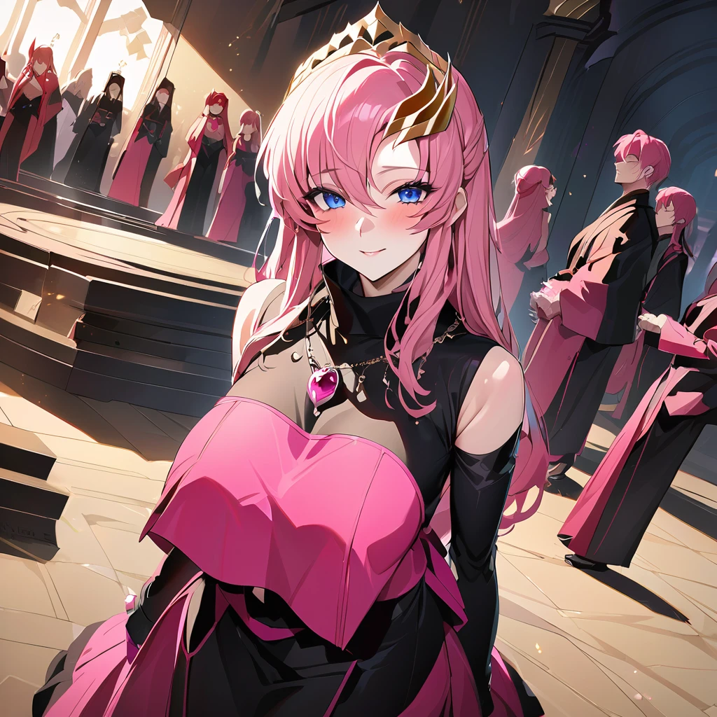 ((Highest quality)), ((masterpiece)), (detailed), (Perfect Face)、The beautiful and seductive woman is Lacus Clyne, the wife of the leader of the evil god cult, the saint of darkness, and has blue eyes, pink hair, medium-long hair, and a gorgeous and delicately detailed masochism.々An evil shrine maiden wearing a beautiful black evil shrine maiden outfit, an evil shrine maiden necklace, evil accessories, a gorgeous evil shrine maiden head chain tiara, and an engagement ring.、The woman is the wife of a middle-aged, bearded cult leader who is revered by a mysterious cult of evil gods.、A mysterious cult leader dressed in the luxurious clothing of a cult leader of an evil god is worshipped by the cult leader at the altar of the cult, caressing her all over and embracing her.