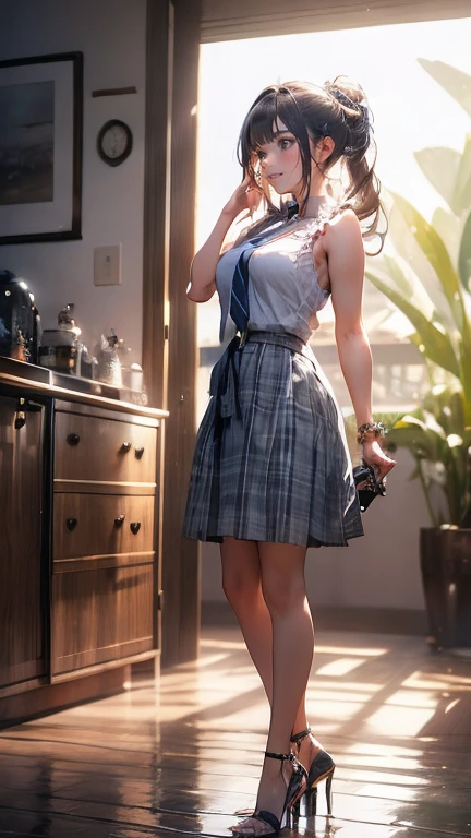 Anime Kawaii sexy Perfect Slim sensual body large breast and huge thighs, An intricate and highly detailed illustration of anime (Young girl). ((Biologically correct member count))、(( full body including face))、4K、work of art、((focus on the face))、((Symmetrical, well-proportioned facial features))、Eyes with delicate representations、(((1 person)))、beautfull woman、Outstanding Style、slenderbody、(((High heels with ankletshinestones sleeveless、plaid hip skirt)))、necktie、(((photo with white frame、photo with white frame)))、((looking up))、unexpressive、(((riverside、stay on the surface of the water)))、(Upper body close-up photo)、greatest angle、dawn、Raby、((A backlit photo with the sun in the background))、Calf tattoo、