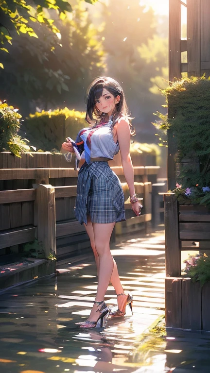 Anime Kawaii sexy Perfect Slim sensual body large breast and huge thighs, An intricate and highly detailed illustration of anime ( girl). ((Biologically correct member count))、(( full body including face))、4K、work of art、((focus on the face))、((Symmetrical, well-proportioned facial features))、Eyes with delicate representations、(((1 person)))、beautfull woman、Outstanding Style、slenderbody、(((High heels with ankletshinestones sleeveless、plaid hip skirt)))、necktie、(((photo with white frame、photo with white frame)))、((looking up))、unexpressive、(((riverside、stay on the surface of the water)))、(Upper body close-up photo)、greatest angle、dawn、Raby、((A backlit photo with the sun in the background))、Calf tattoo、