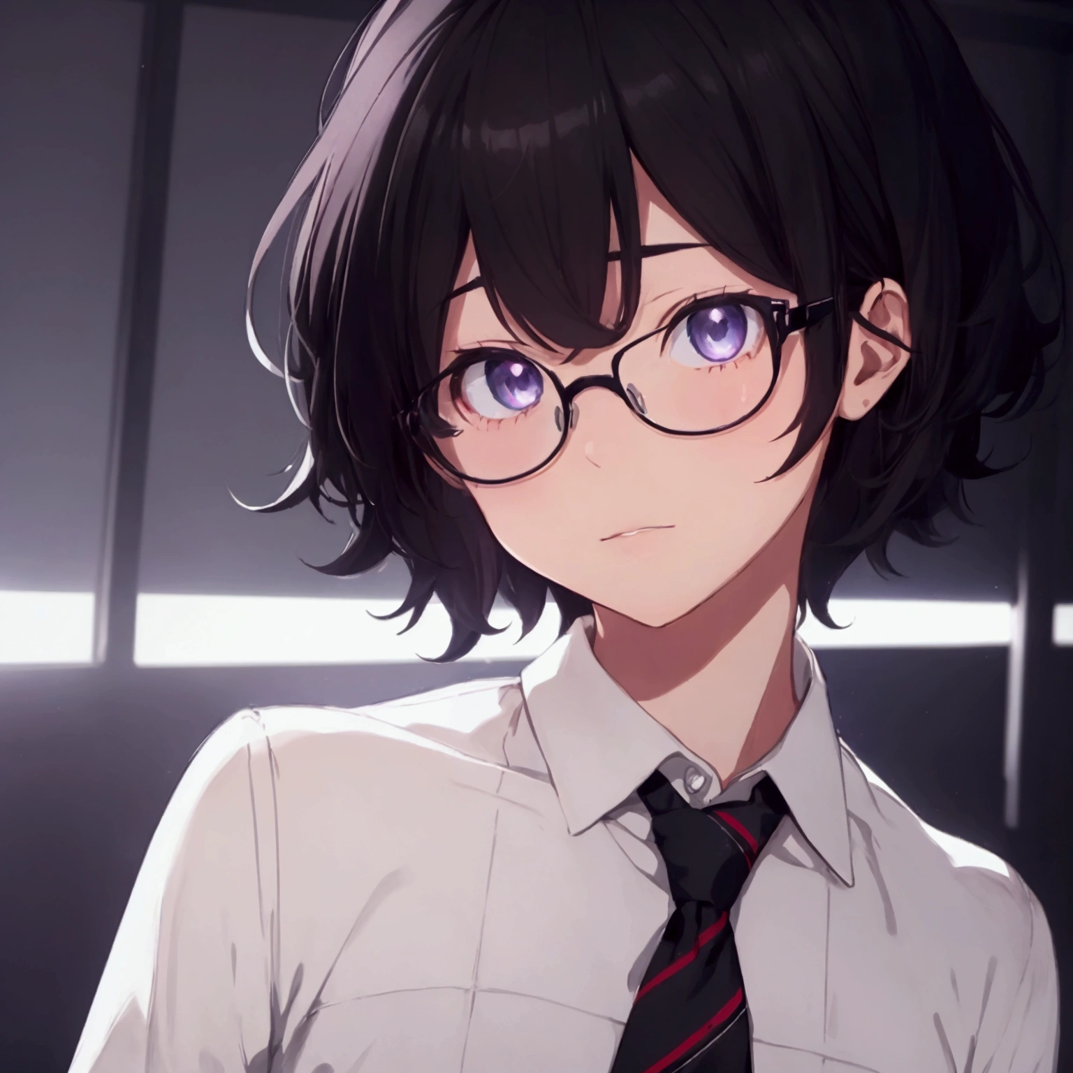 (1 boy), (), male, tie, holding a bool, cute boy, adorable, Thick black frame glasses, shy, black messy hair, bluish-grey eye color, wearing glasses, 4k, detailed, anime 4k, (Curly hair), from side, character focus, ((black light)),((dark lighting)), cinematic lighting ,(darkness), (concept art), high resolution,(incredibly absurdres) ,extremely detailed CG unity 8k wallpaper, ((masterpiece)), ((top-quality)), (beautiful illustration), ((an extremely delicate and beautiful)), (masterpiece, Best quality, ultra high resolution), Black hair, pale skin, ultra detailed eyes, Beautiful and detailed face, detailed eyes, (Centered, torso), (wide shot:0.9), facing the viewer, Eye level, ((male)), shy, blushing