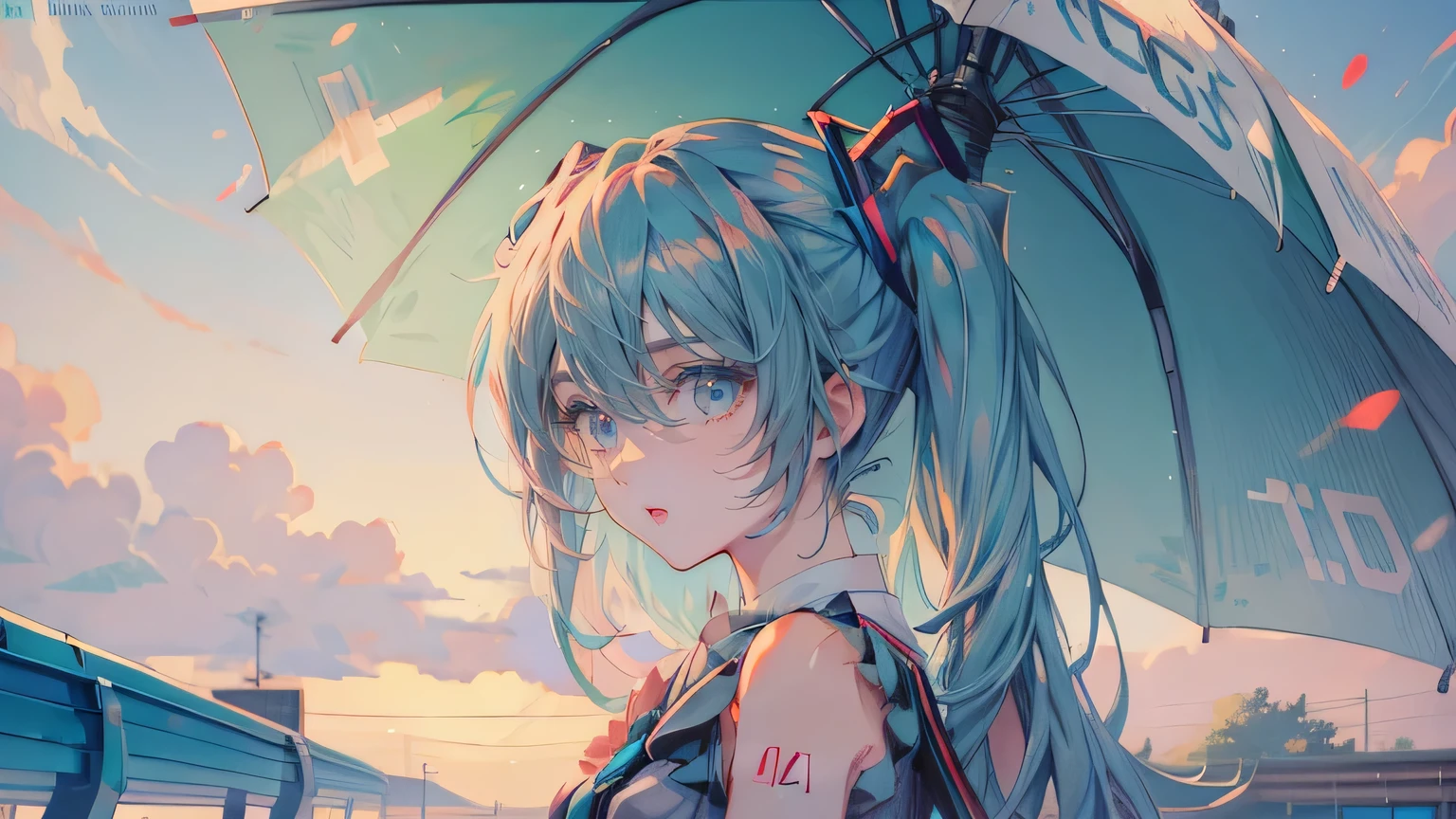 Anime Girl with blue hair sitting on a bench with an umbrella, Otashiro, seductive Anime Girl, Hatsune Miku, Anime style 4k, Anime Girl, cute Anime Girl, portrait of Hatsune Miku, Anime Girls, Anime cute art style, Hatsune Miku portrait, Top rated on Pixiv, vocaloid, Anime Girl with teal hair