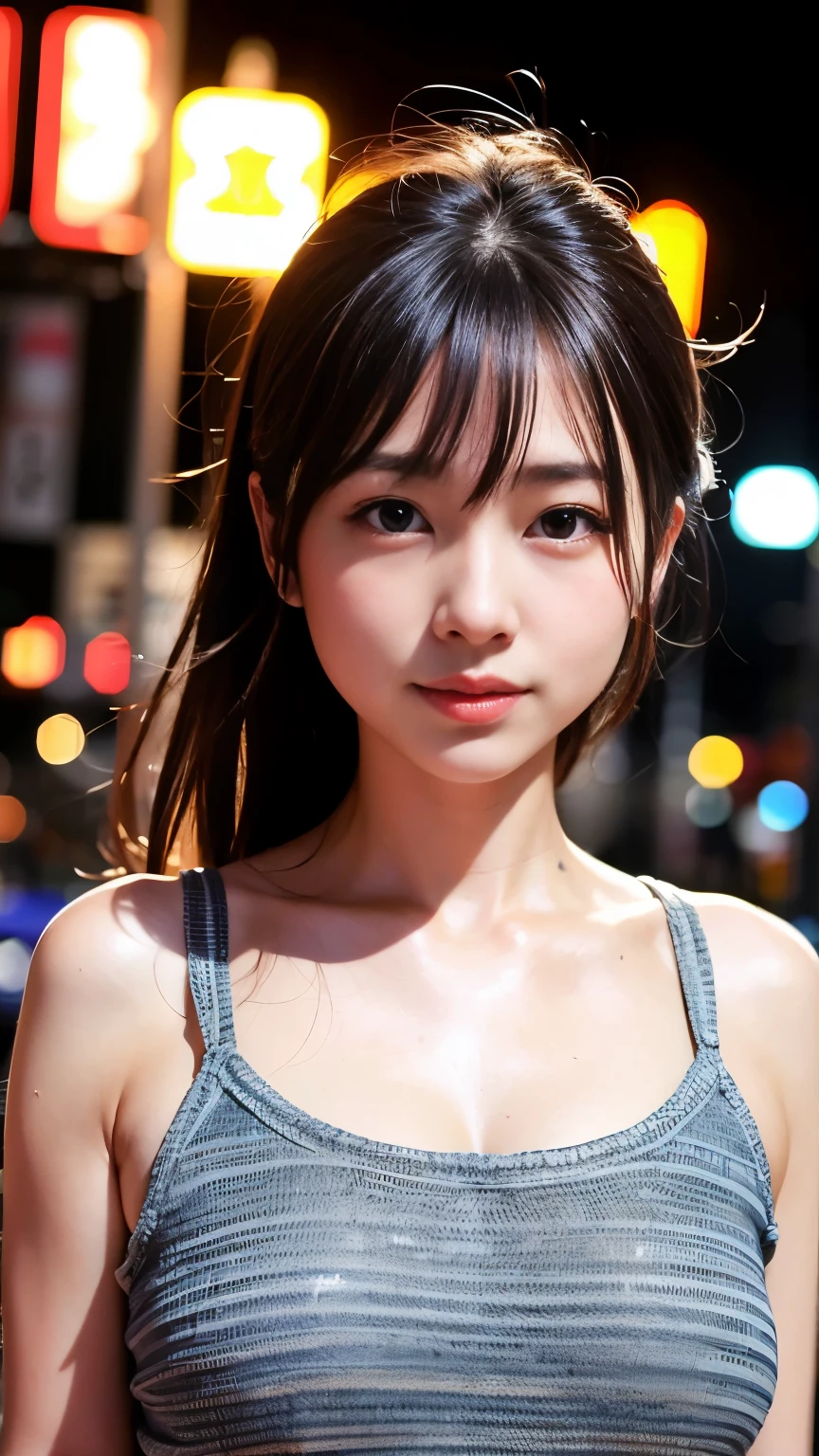 1 girl, Tokyo Street,night, Streetscape,City lights,Upper Body,close,smile,, (8k, RAW Photos, Highest quality, masterpiece:1.2),(Realistic, photo-Realistic:1.37),