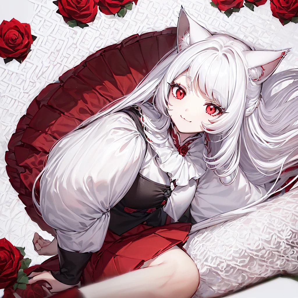 1girl, clara \(honkai: star rail\), solo, red eyes, red coat, detached collar, sweater, white dress, barefoot, blush, shy, looking at viewer, wariza, bed, indoors, from above, cat ears, cute