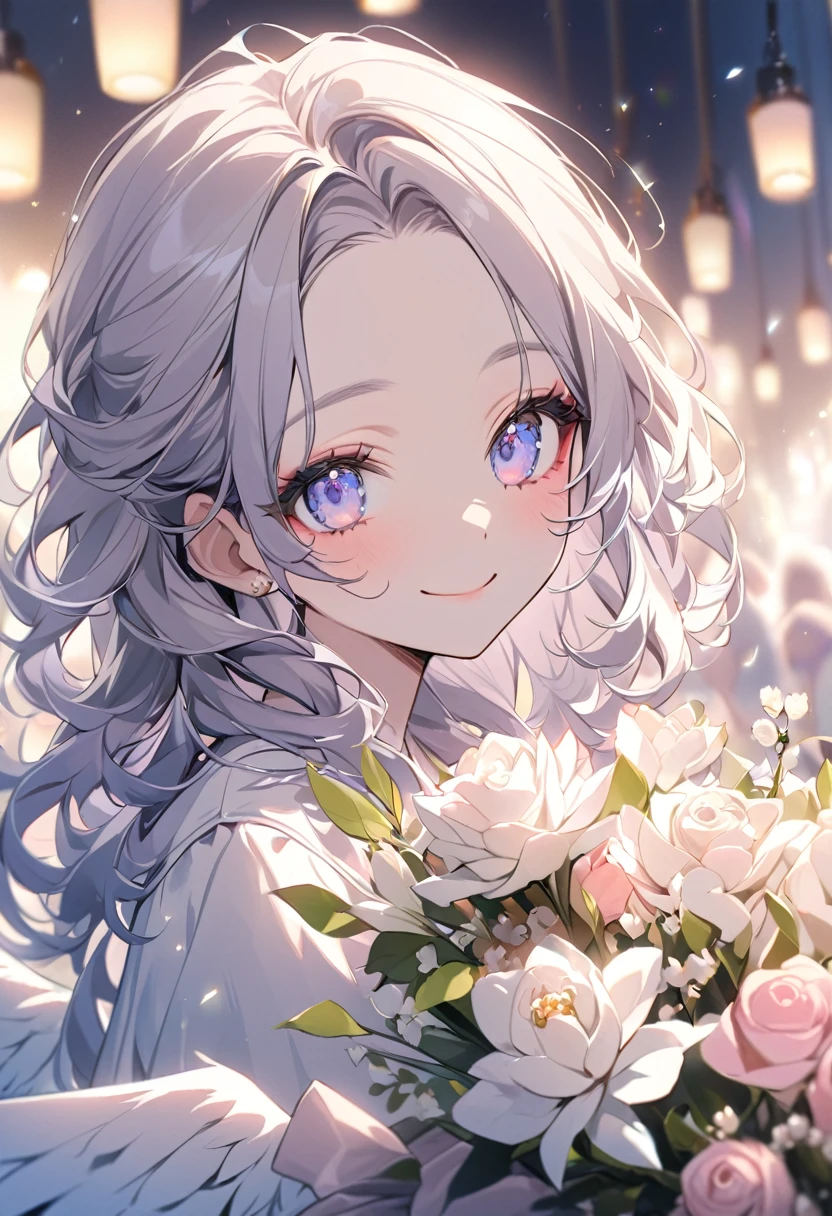 ( best quality:1.2), 1 Girl only, forehead,Solitary, Skin details, Beautiful facial features, fluffy dark hair,Exquisite makeup, Exquisite eyes, Eye detail,she is 20 years old,(((big smiling))).((pastel theme)),kindness,soft focus,white soft lighting,angel,bouquet