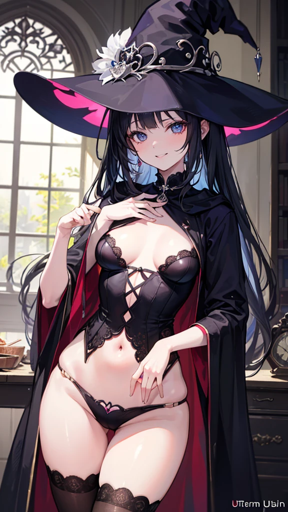 ((Best masterpiece, Perfect quality, Ultra detailed)), A witch girl, With skinny body, With small breasts, Wearing goth robe, Giggling