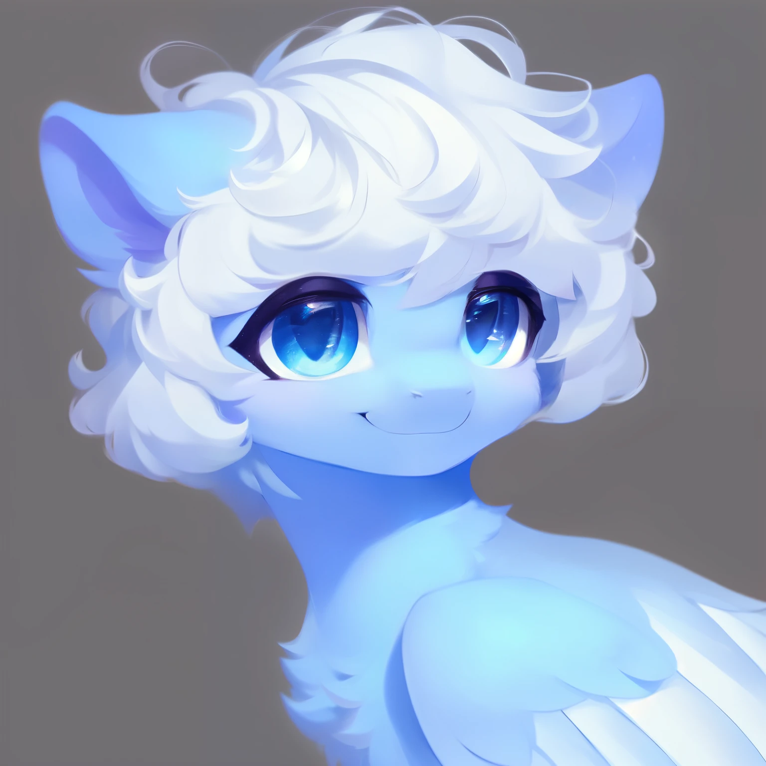 rating_safe, score_9, fluffy, feral pegasus pony, male,round cute face，Transparent blue body， White mane，Soft and delicate short hair，温柔的Blue Eyes，Blue Eyes，Smile。whole body，Elegant and noble。young，Delicate