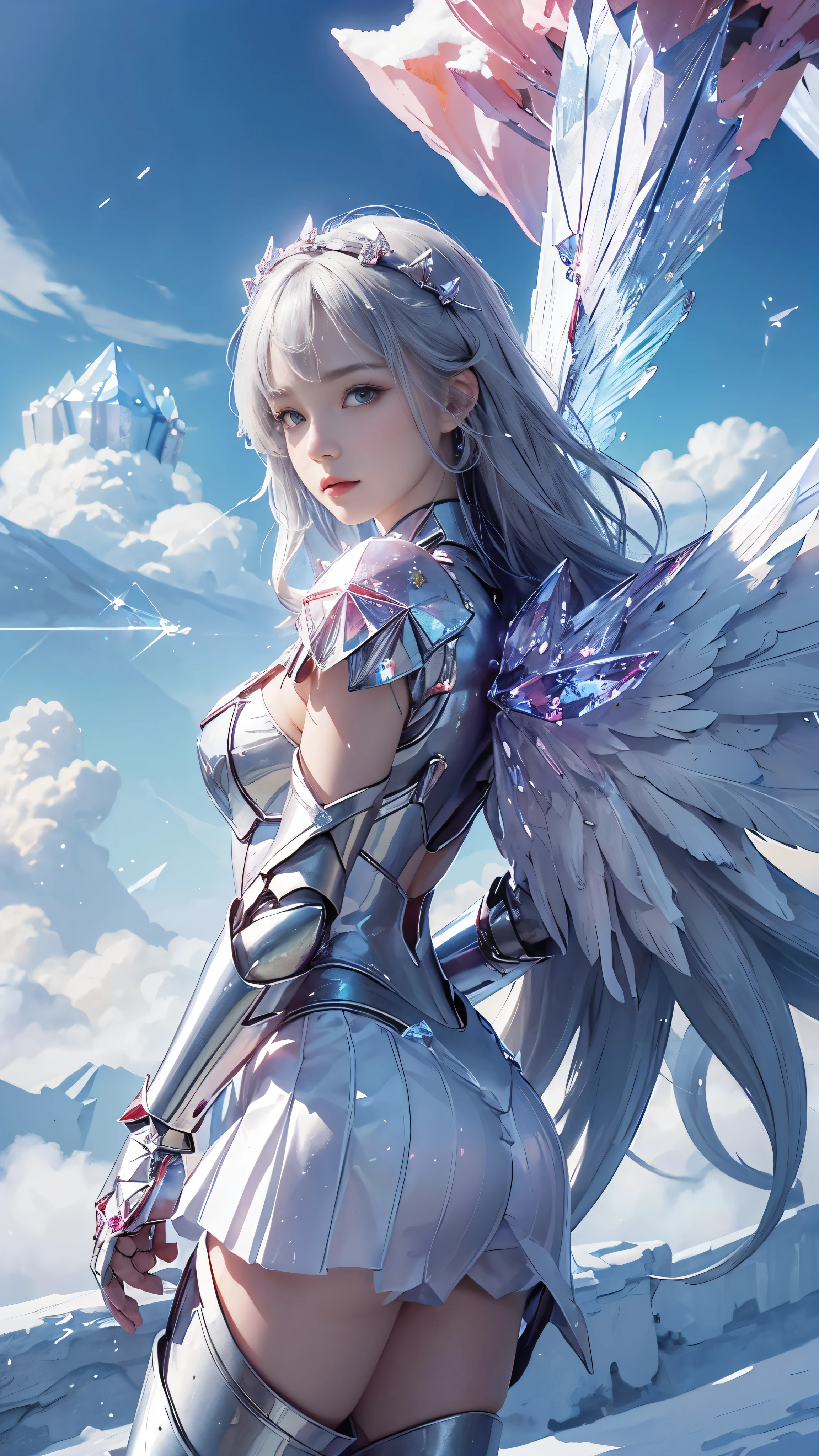 school_uniform,adorable_girl,fair_skin,cowboy_shot,huge filesize,wallpaper,colorful,scarlet_moon,mecha clothes, robot girl, sliver bodysuit,((sliver)) and (broken) body,((breeze)), flying splashes, flying petals, wind,(((gorgeous crystal armor))),(((crystal wings))),((altocumulus)),(clear_sky),(snow mountain),((flowery flowers)),(flowery bubbles),cloud map plane, crystal, crystal poppies,Brilliant light, thick_coating, glass tint,(watercolor),fighting,