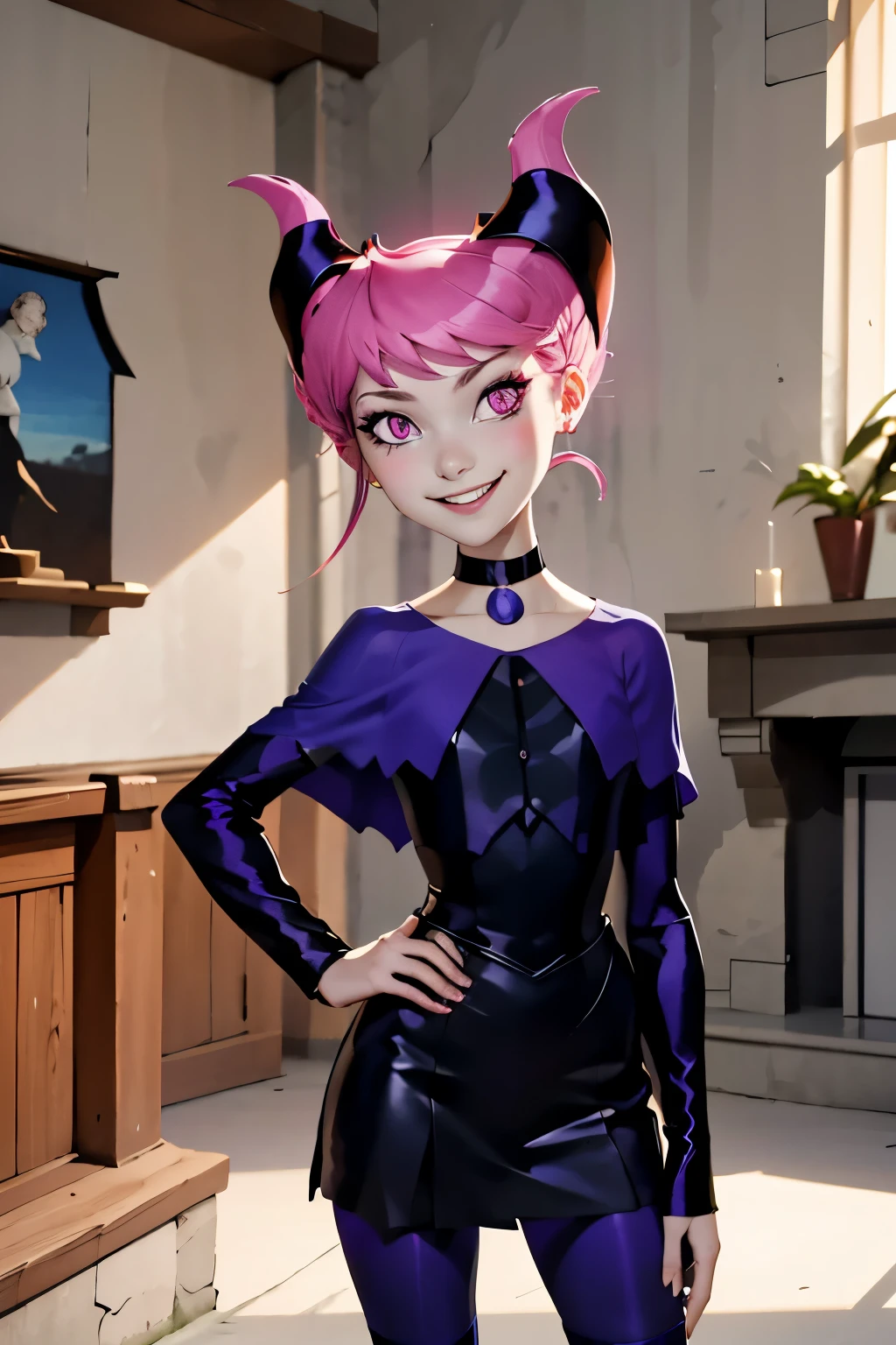 ((masterpiece,best quality)), absurdres, Jinx_TeenTitans,   1girl, curvy, hand on hip, contrapposto, solo, pink eyes, pink hair, grey skin, hair up, pale skin, medium hair, hair horns, choker, striped pantyhose, capelet, black dress, jewelry,  solo, smiling, looking at viewer, cowboy shot,