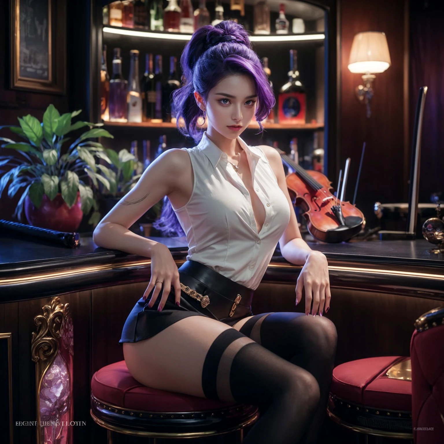 Create an ultra-realistic, high-definition image of a confident and alluring woman with striking purple hair and violet eyes sitting in a luxurious, dimly-lit bar. She is wearing a white blouse, a black skirt, and black thigh-high stockings. The setting is elegant, featuring a well-stocked bar with an array of bottles and vibrant plants. The atmosphere includes a violin and a katana, adding a sophisticated yet mysterious touch. The soft, ambient light highlights the rich colors and intricate details of both the woman and her surroundings, creating a truly captivating scene. Ensure the image is photorealistic, capturing the textures and lighting accurately.