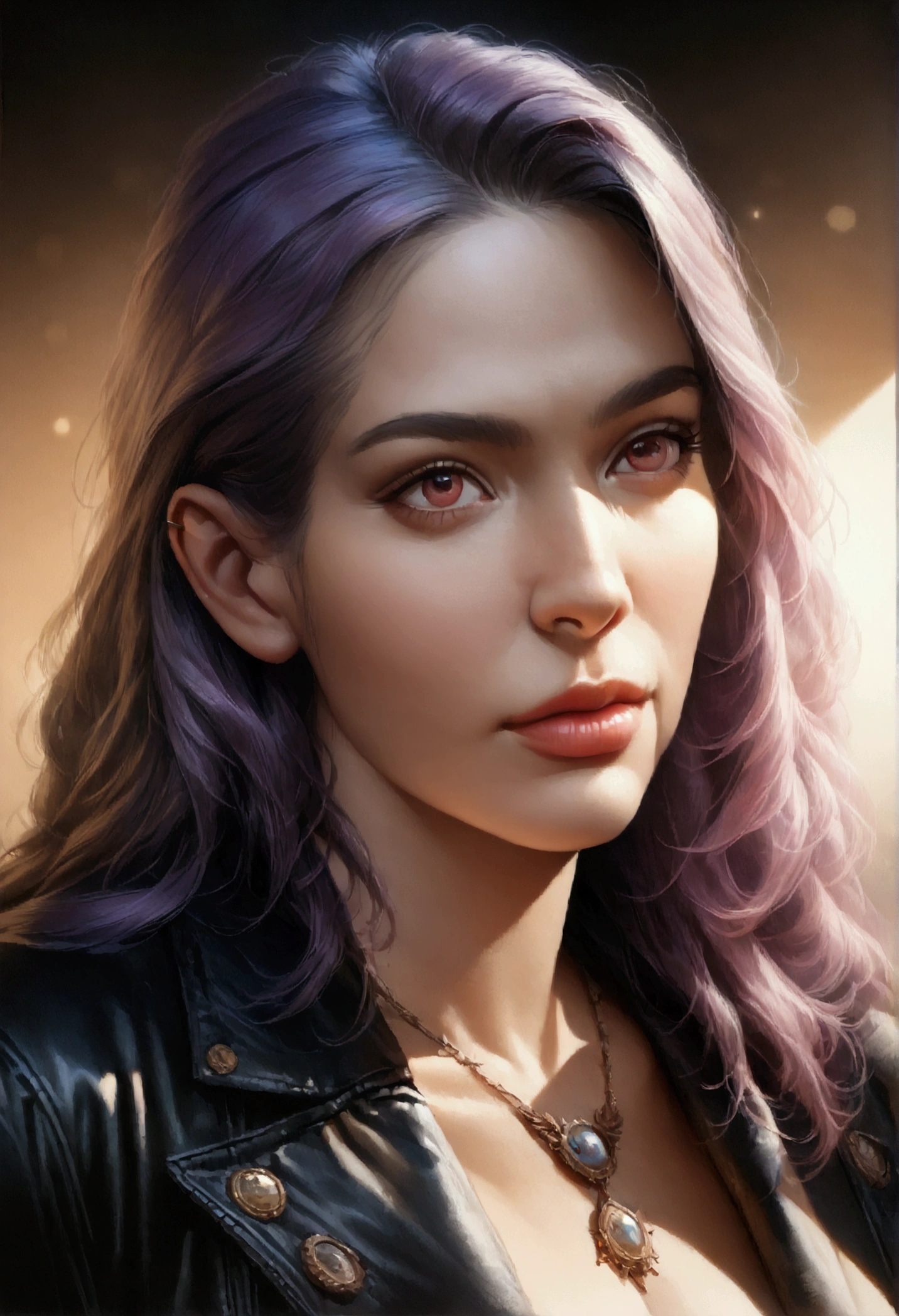 (best quality,4k,8k,highres,masterpiece:1.2),ultra-detailed,(realistic,photorealistic,photo-realistic:1.37),HDR,UHD,studio lighting,ultra-fine painting,sharp focus,physically-based rendering,extreme detail description,professional,vivid colors,bokeh,girl,beautiful detailed eyes,beautiful detailed lips,extremely detailed eyes and face,longeyelashes,dark eyebrows,long hair,black jacket ,violet hair,portrait,soft color palette,natural lighting, goth necklace, sitting on a chair beside desk.