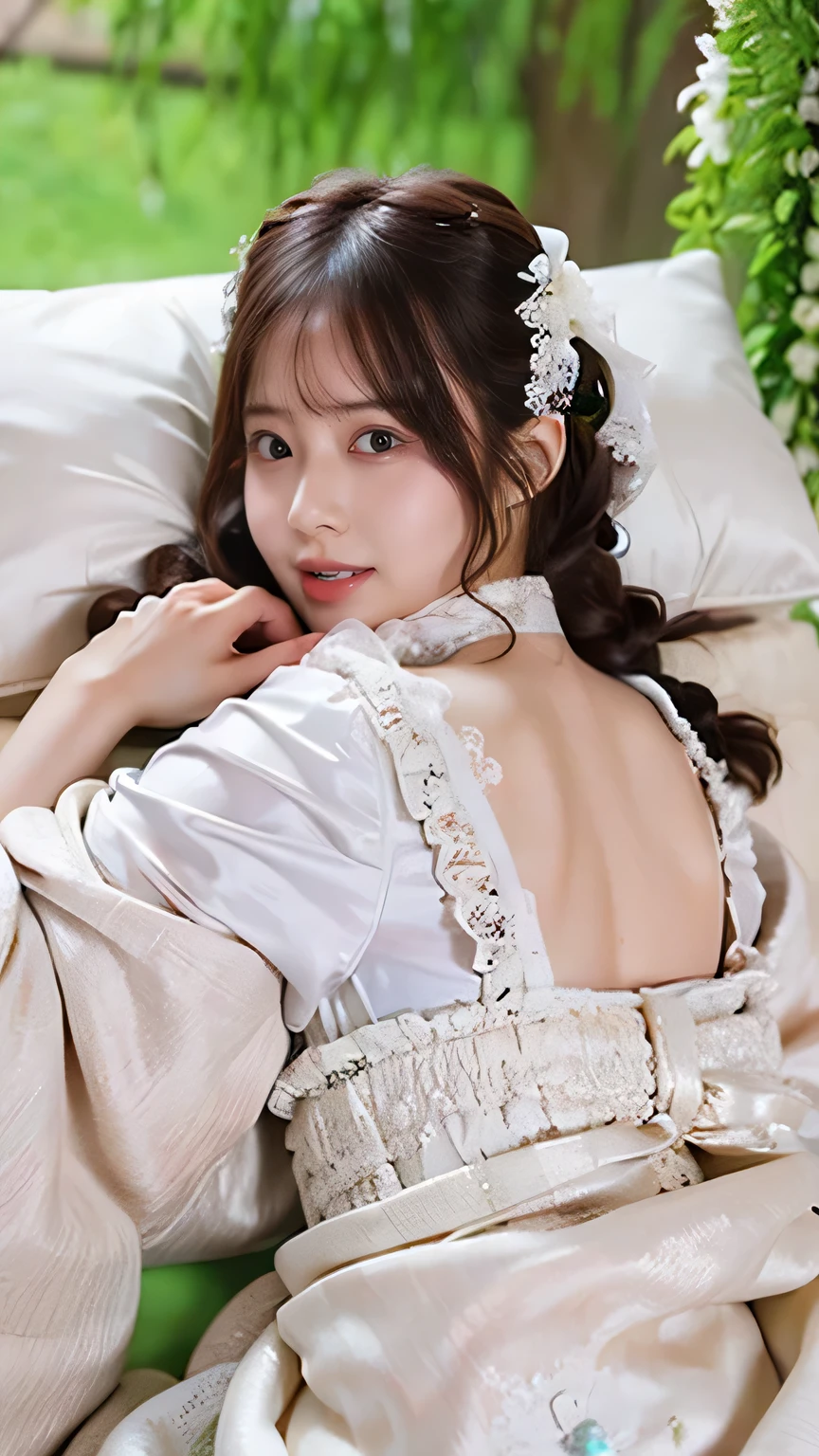 ((Highest quality、masterpiece、、Best image quality、Ultra-high resolution、Award-winning works)、(a girl wearing a white wedding dress:1.8)、(Accurate anatomy:1.1)、(On the bed、(Sleep on your back:1.8))、(Please open your mouth:1.8)、Spread your legs:1.7、Ultra-high resolution for bright and fair skin、The most detailed face、Ultra-high resolution detailed face、Ultra-high resolutionの髪の毛、Ultra-high resolutionの煌めく瞳、Beautiful face drawn in every detail、(Blurred Background:1.1)、very bright and vivid、beautiful japanese actress face、whole body:1.6、Small breasts:1.6、((Clothes are open:1.7))、(Nipples、pubic hair、Pussy)