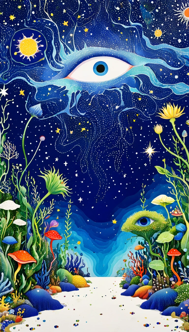 Psychedelic Art。plant、Marine life、Eye、Starry Sky，An abstract painting at the joint，Describing the inner world of autistic people，Sense of space，blank，White Space，Pointillism method，Childish lines，Klein Blue