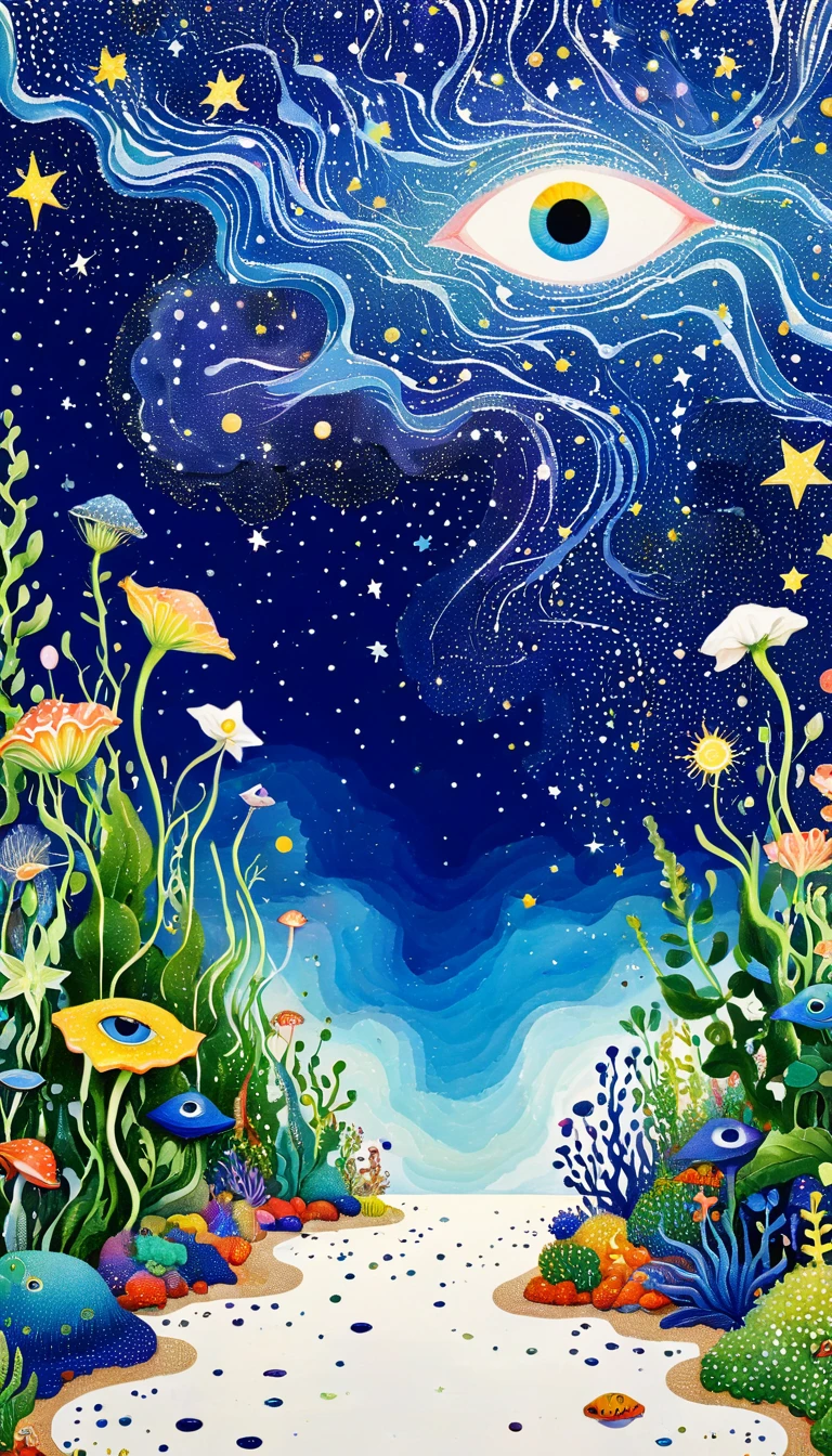 Psychedelic Art。plant、Marine life、Eye、Starry Sky,An abstract painting at the joint,Describing the inner world of autistic people,Sense of space,blank,White Space,Pointillism method,Childish lines,Klein Blue