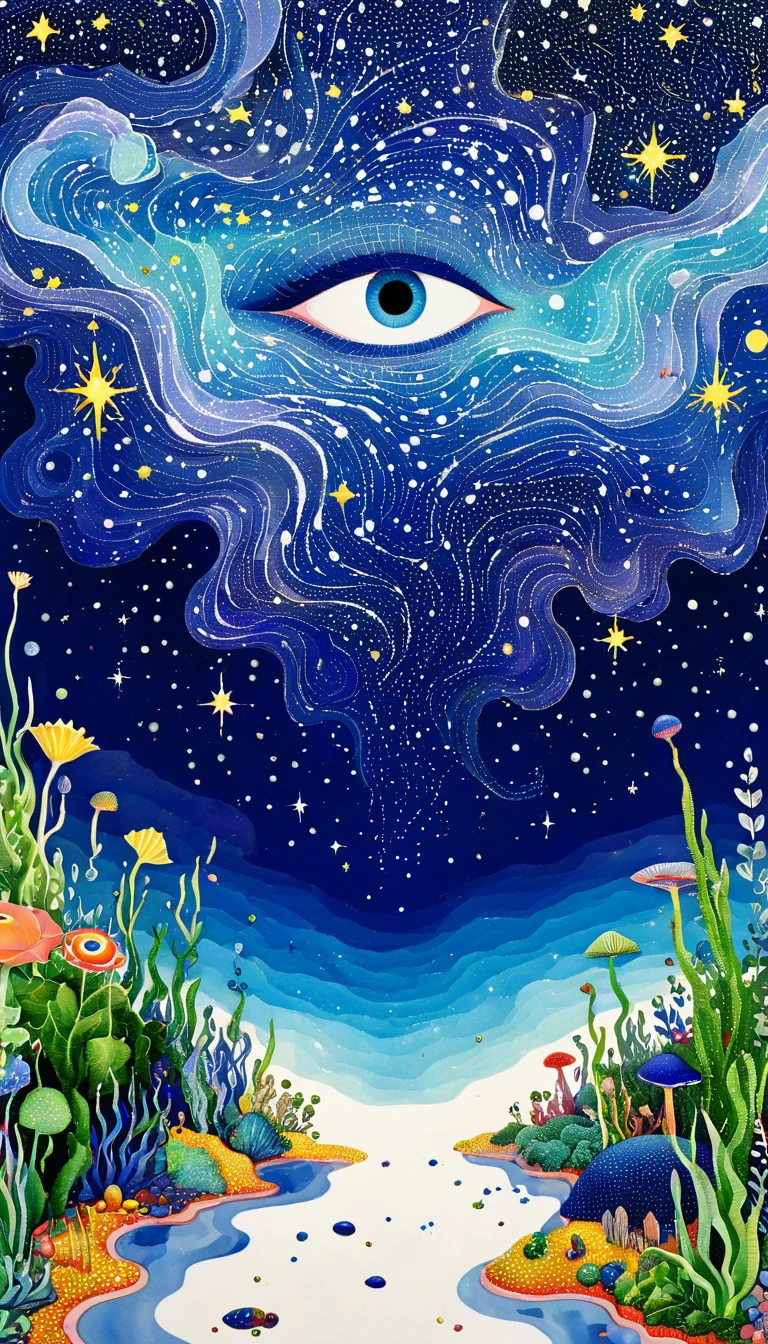 Psychedelic Art。plant、Marine life、Eye、Starry Sky，An abstract painting at the joint，Describing the inner world of autistic people，Sense of space，blank，White Space，Pointillism method，Childish lines，Klein Blue