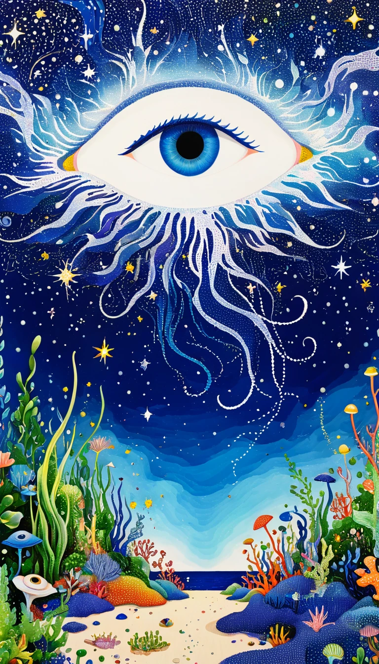Psychedelic Art。plant、Marine life、Eye、Starry Sky，An abstract painting at the joint，Describing the inner world of autistic people，Sense of space，blank，White Space，Pointillism method，Childish lines，Klein Blue