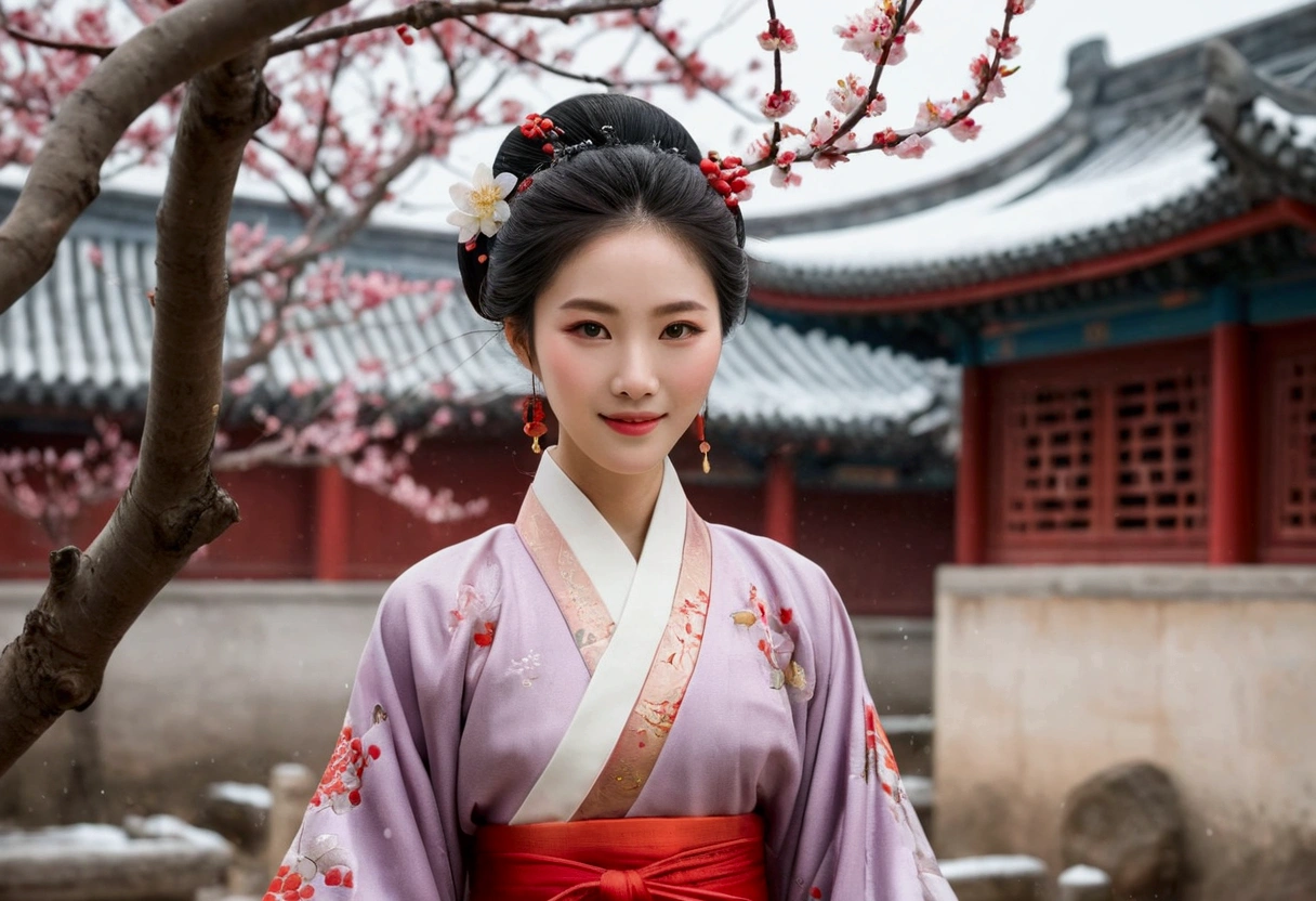 (Blurred foreground:It was snowing heavily:2.0,),(Plum blossoms fly:1.4),(Chinese Song dynasty beauties dancing),(realisticlying,Long flowing black hair,anatomy correct,Korean star face,ssmile,The hands and face are very delicate and clear),(Stand in the middle of a quaint courtyard,Plum tree,Song dynasty winter clothing,Abstract gouache splash:1.2,),(wide angles,Ultra HD detailasterpiece, hyper HD, Super detail, High details, Best quality, A high resolution, Award-Awarded, 8k),(Chinese premium color scheme,light)