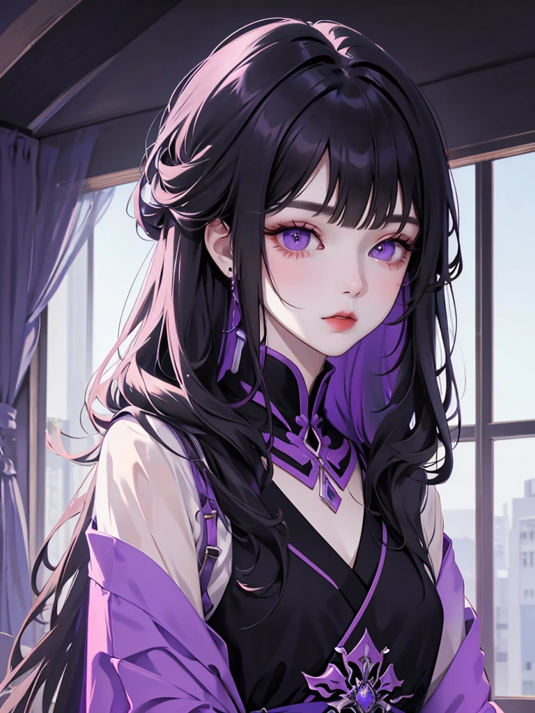 (flat color:1.1),(masterpiece:1.2), original, medium length straight black hair, Purple-colored eyes, mature girl ウエディングドレス