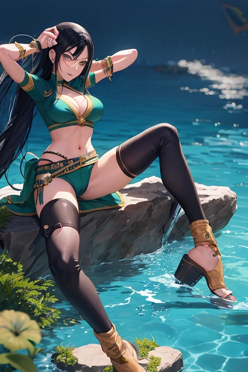 (figure) Nico Robin (piece) Playing as June (avatar), Joan&#39;s Black Outfit, June&#39;s long black hair, Nico Robin bangs, Accessories (Tattoo), arms (arrow), 射arrow姿势, (Place) Pandora Mountains, background effect