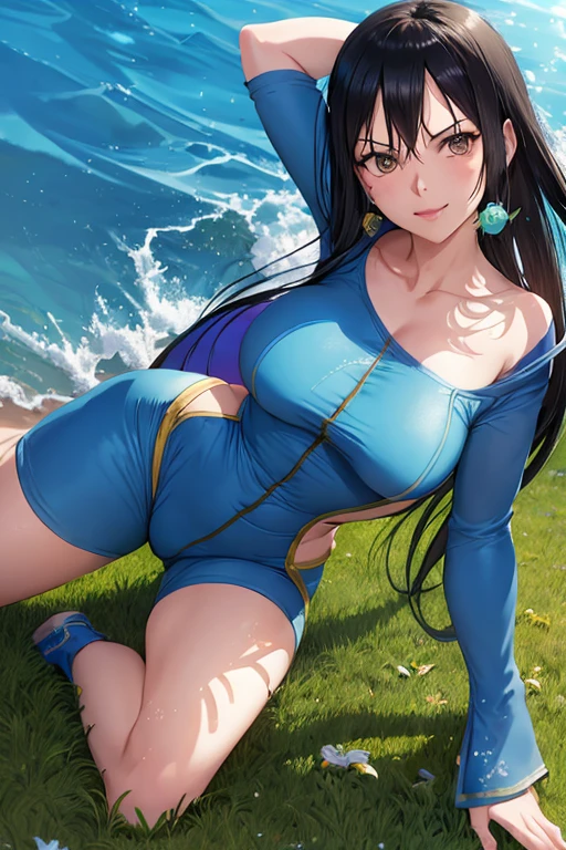 (figure) Nico Robin (piece) Playing as June (avatar), Joan's Black Outfit, June's long black hair, Nico Robin bangs, Accessories (Tattoo), arms (arrow), 射arrow姿势, (Place) Pandora Mountains, background effect