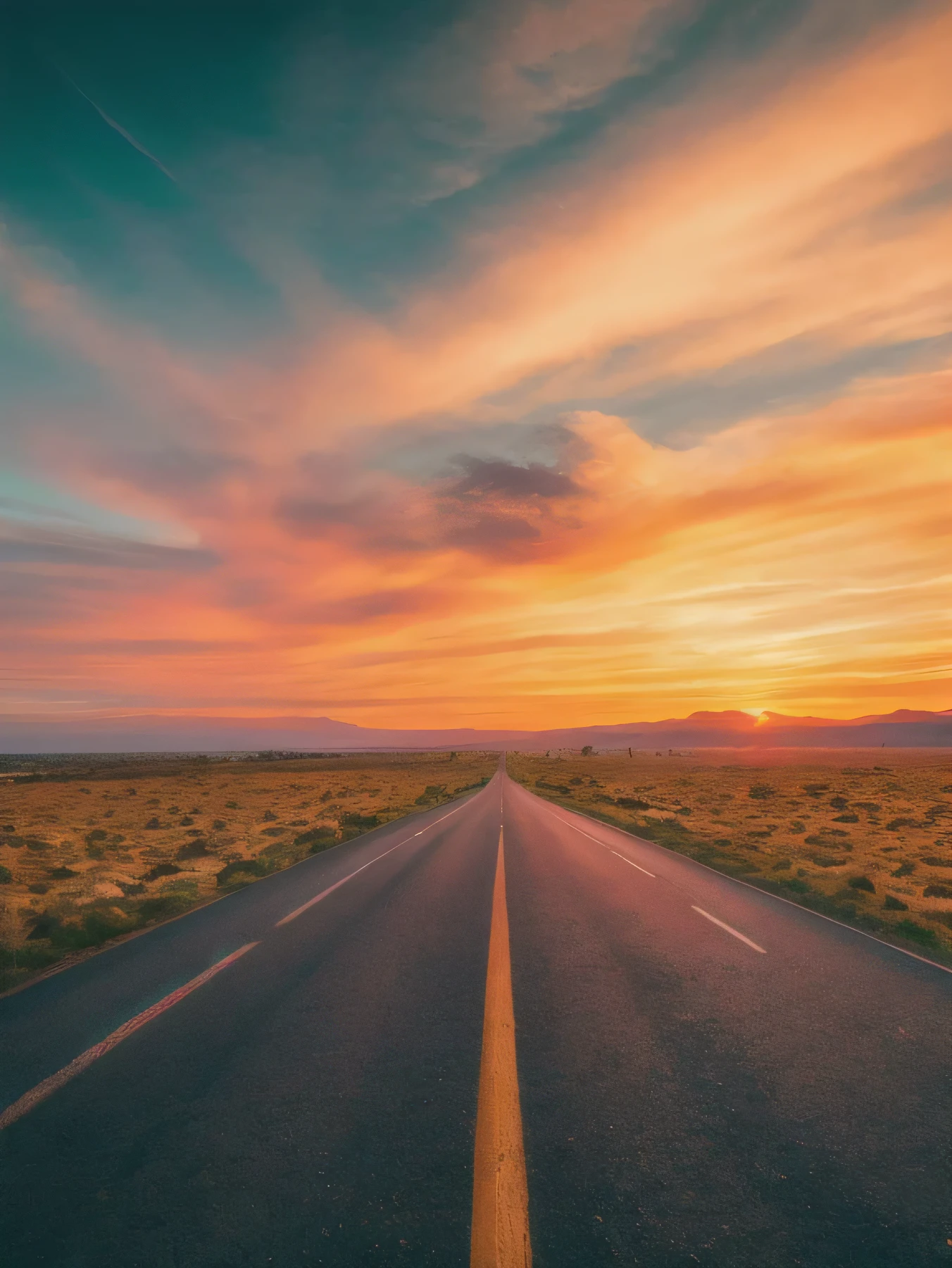 highway at sunset. The road stretches out into the distance and splits into three directions: one lane continues straight, one veers left, and one veers right. The landscape is bathed in the warm colors of the setting sun with a few clouds scattered across the sky. There is a Road with multiple directions sign visible at the split, providing direction for the upcoming paths. a road with a nblurry background), (RAW photo with high detail), (work of art, photorrealistic, heavy shadow, dramatic and cinematic lighting, main light, Fill light), sharp focus, film grain, grainy, cinematic, cinematic flower, Depth of field, nblurry background, fog