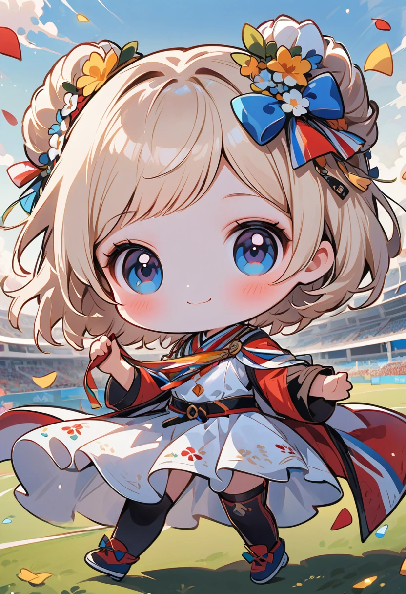 Ultra-small deformation, Chibi Cute, 1 Girl, 独自of, whole body, Blonde short hair, blue eyes, Smile, 她身穿白色奥运火炬手站在Olympic rings前, 她手里拿着一支点燃of火炬, 高对比度和鲜艳of色彩, The background is the Olympic venues and a large number of spectators, Sports Festival, Olympic rings,即五种颜色of五环,The Olympic symbol. Five colors are blue, of, 黑色of, 绿色of, and red.