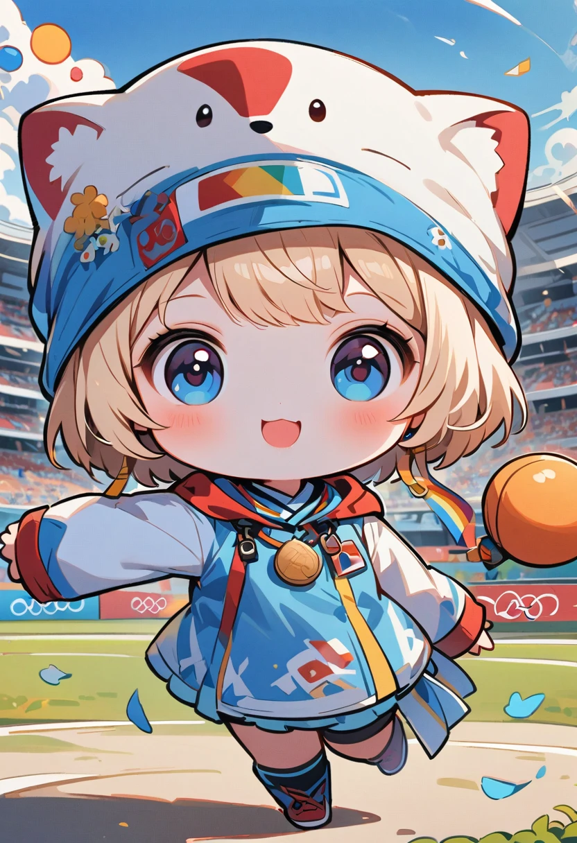 Ultra-small deformation, Chibi Cute, 1 Girl, 独自of, whole body, Blonde short hair, blue eyes, Smile, 她身穿白色奥运火炬手站在Olympic rings前, 她手里拿着一支点燃of火炬, 高对比度和鲜艳of色彩, The background is the Olympic venues and a large number of spectators, Sports Festival, Olympic rings，即五种颜色of五环，The Olympic symbol. Five colors are blue, of, 黑色of, 绿色of, and red. 