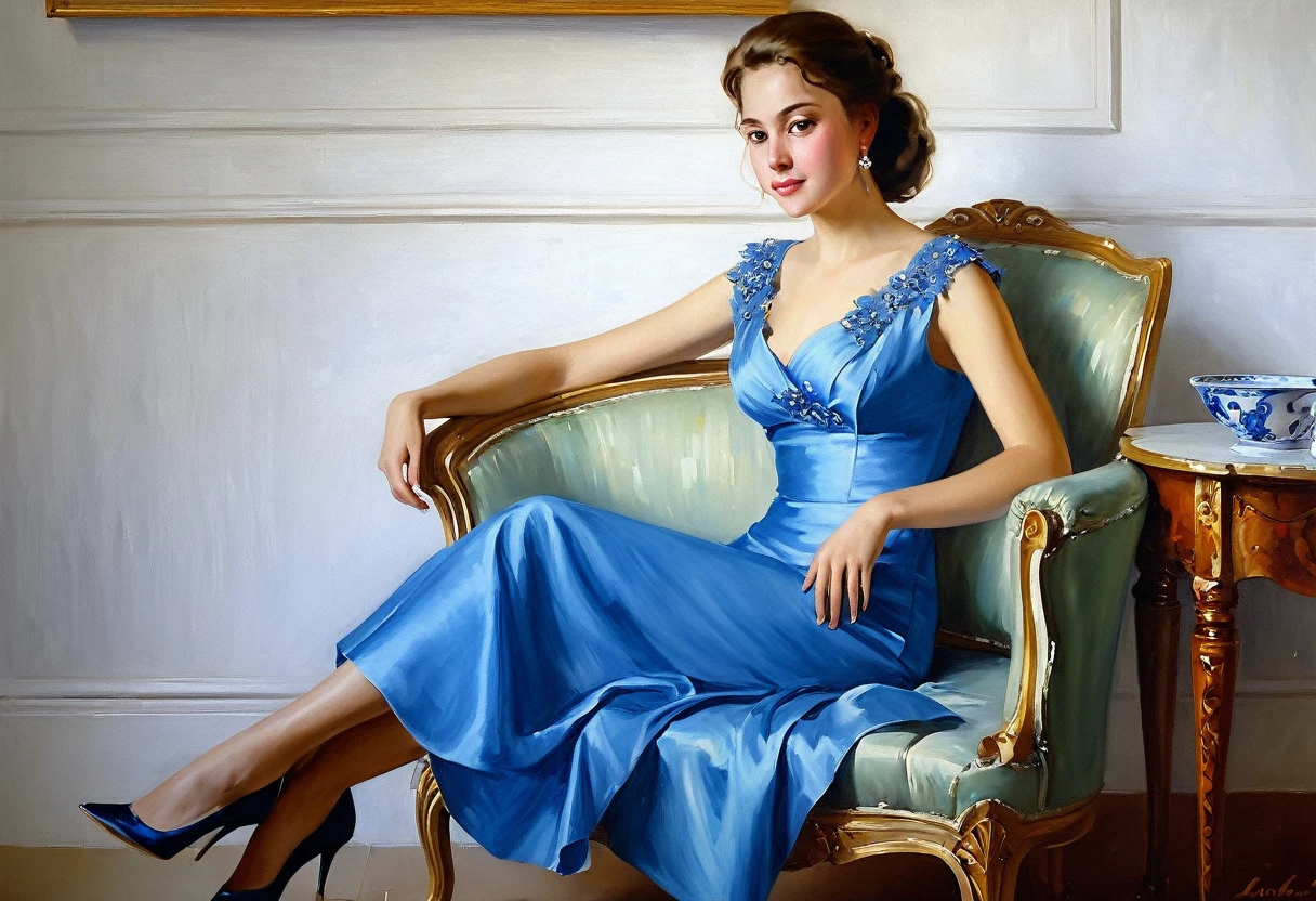 painting of a woman in a blue dress sitting in a chair, danile gerhartz, a beautiful painting, by Vicente Romero Redondo, by Jaroslava Korol, a fine art painting, inspired by Henryk Siemiradzki, beautiful character painting, ( ( konstantin razumov ) ), volegov, inspired by Konstantin Makovsky