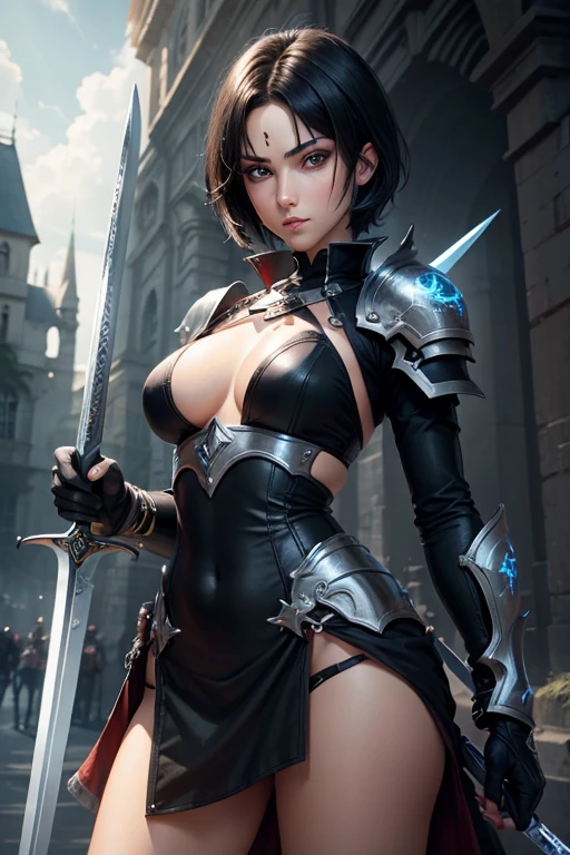 absurdrez, ultra details, high qualiy, work of art, gorgeous eyes(detailedeyes) warrior with sword, short black hair, paladin'to be'this'It's heavy armor, fully body, tense facial expression, gaping mouth, yelling, grappling, gazing at viewer, ombre, eye pencils, super lashes, fully body, lush ass, getting on all fours