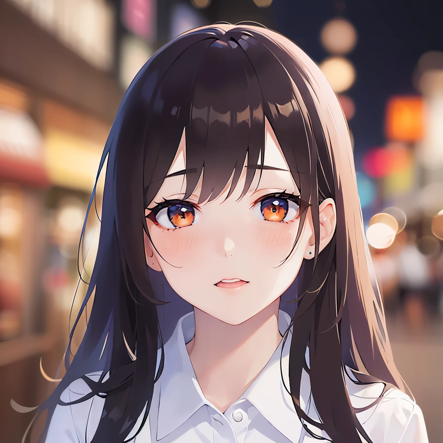 looking up, Close-up of your face, Realistic, real person, (pale skin: 1.2), RAW photo, photorealistic, shiny skin, shiny hair、(A 25-year-old woman with medium-length hair and bangs) and (wavy hair) and (brown hair) and (orange eyes) , white collared shirt 、(blush:1.5), open mouth, The background is a shopping street at night、Alone、Are standing