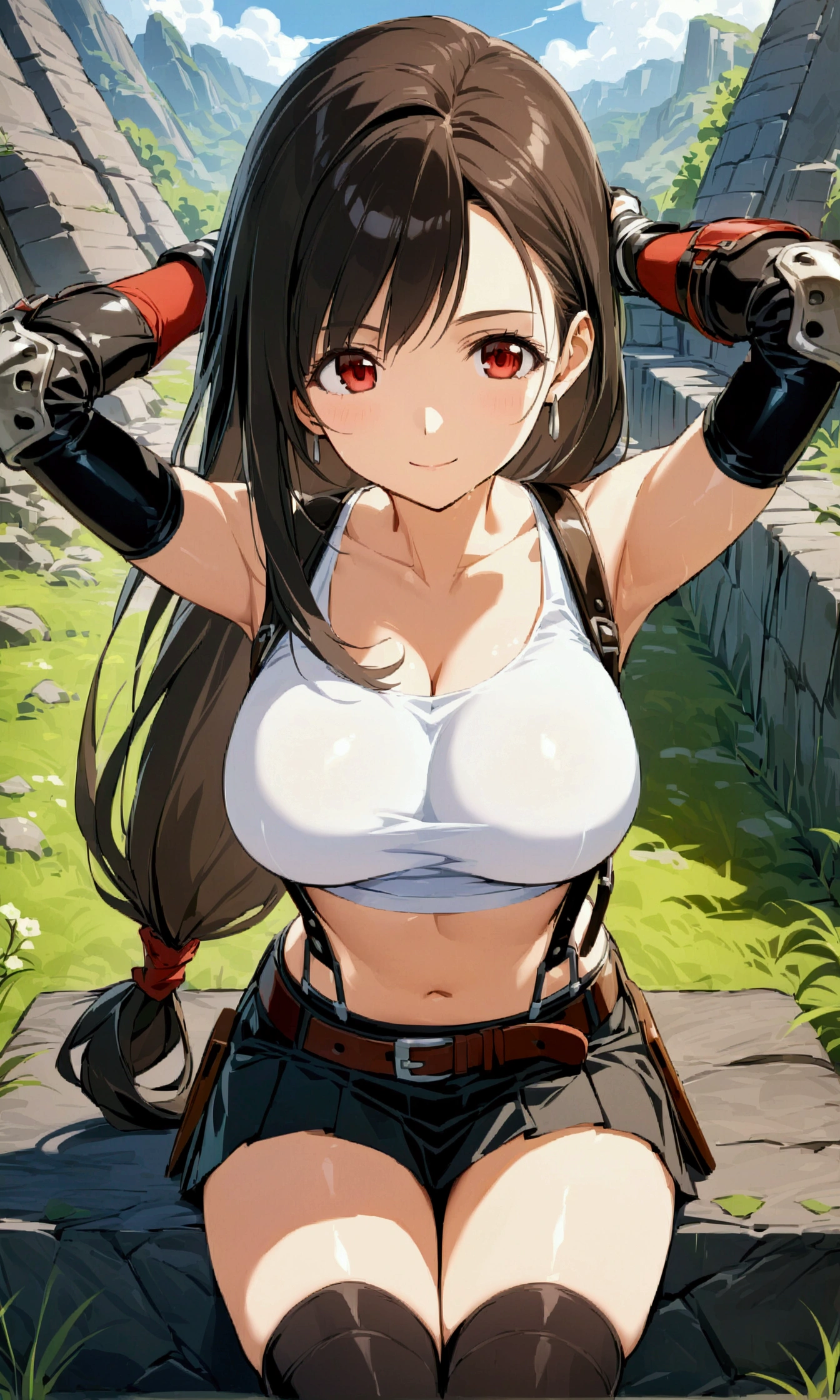 (score_9
score_8_up
score_7_up
score_6_up
source_anime),,BREAK  ,straight-on,breast above view, sitting.upperbody,arms up,arms in hair ,Solo ,1girl, tifa lockhart, final fantasy, tareme,black hair, low-tied long hair, red eyes, bangs, (white tank top, belt, pleated skirt, thighhighs, elbow fingerless gloves, elbow pads, midriff, navel,suspender skirt) ,(large_breast),hunging breasts,light smile,,outdoor,ultra detailed,(best quality),(aesthetic,very aesthetic),,amazing quality,,detailed face and eyes and body,Shiny bare skin,skin tight,depth of field,