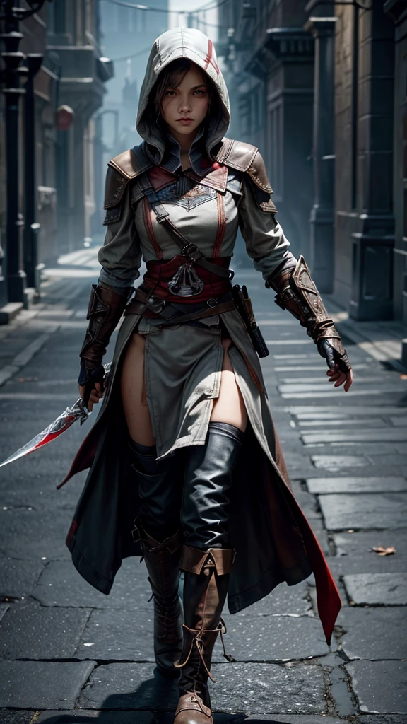 1chica rubia de ojos azules con una tunica blanca de asesio con capucha, tener armas como una espada en un cinturon de tela color rojo, decoraciones en su ropa estilo assassins creed, de fondo florencia