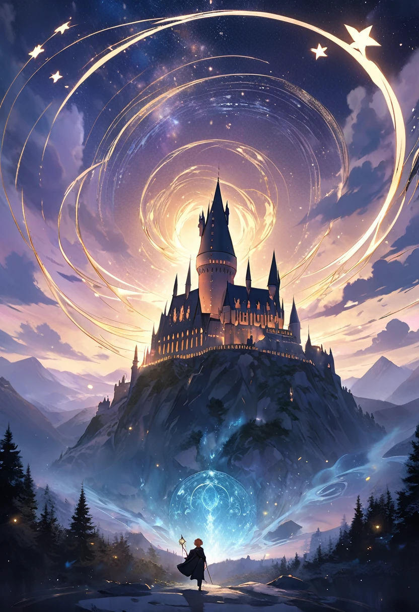 book cover for "Harry Potter and the Philosopher's Stone" in the style of WLOP
Imagine a delicate, shimmering illustration of Hogwarts Castle, with towers and turrets that seem to defy gravity. The castle is surrounded by a halo of soft, golden light, set against a deep blue-purple sky with stars and wispy clouds.
In the foreground, a beautiful, intricate depiction of the Philosopher's Stone glows with a soft, pulsing light. The stone is surrounded by delicate, swirling patterns that evoke ancient magic.
in the middle , Harry Potter, the boy will stand. a soft smile on his handsom face. age is . wand in hand. surrounded by Ron Weasley, a boy with ginger hair and Hermione Granger, a girl with bushy brown hair.
At the top of the cover, the title "Harry Potter and the Philosopher's Stone" is written in elegant, cursive script, with the words "Harry Potter" in a slightly larger font. The text is adorned with tiny, shimmering stars and subtle, magical flourishes.
The entire image is bathed in a soft, ethereal glow, with delicate textures and subtle animations that give the cover a sense of depth and wonder.
This description captures the essence of WLOP's style, which features dreamy, surreal landscapes and delicate, shimmering illustrations.