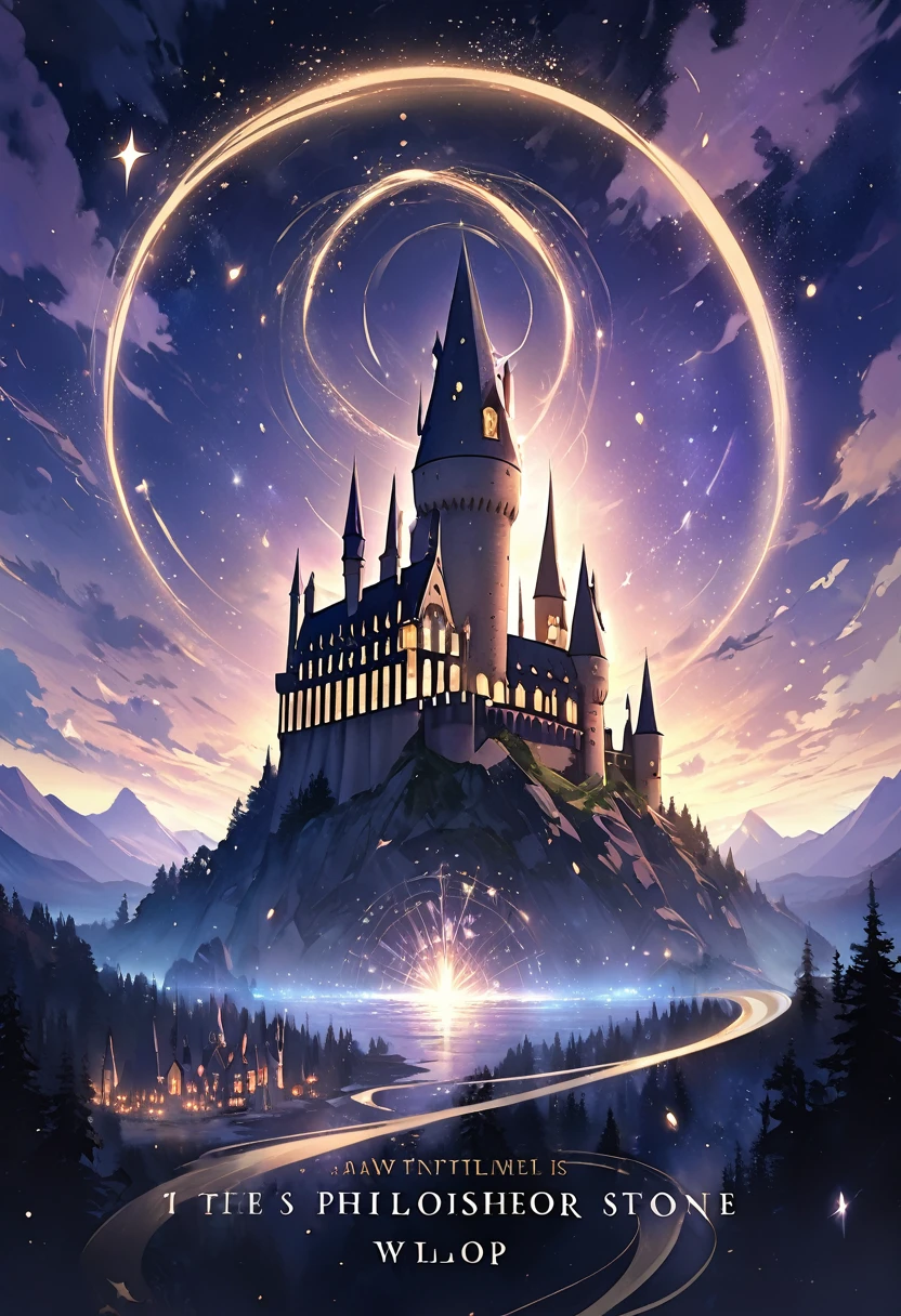 book cover for "Harry Potter and the Philosopher's Stone" in the style of WLOP
Imagine a delicate, shimmering illustration of Hogwarts Castle, with towers and turrets that seem to defy gravity. The castle is surrounded by a halo of soft, golden light, set against a deep blue-purple sky with stars and wispy clouds.
In the foreground, a beautiful, intricate depiction of the Philosopher's Stone glows with a soft, pulsing light. The stone is surrounded by delicate, swirling patterns that evoke ancient magic.
in the middle , Harry Potter, the boy will stand. a soft smile on his handsom face. age is . wand in hand. surrounded by Ron Weasley, a boy with ginger hair and Hermione Granger, a girl with bushy brown hair.
At the top of the cover, the title "Harry Potter and the Philosopher's Stone" is written in elegant, cursive script, with the words "Harry Potter" in a slightly larger font. The text is adorned with tiny, shimmering stars and subtle, magical flourishes.
The entire image is bathed in a soft, ethereal glow, with delicate textures and subtle animations that give the cover a sense of depth and wonder.
This description captures the essence of WLOP's style, which features dreamy, surreal landscapes and delicate, shimmering illustrations.
