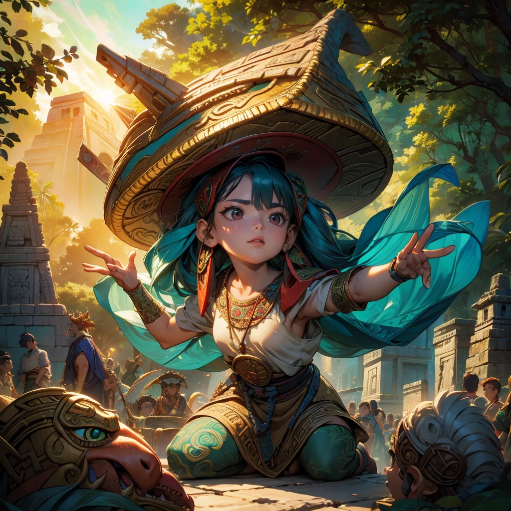 Childish,  high quality、Very detailed、８Year、Mayan Aztec young priestess、Flying Feathered Serpent（Quetzalcoatl Kukulkan）Looking up at the sky and offering prayers、Chichen Itza Temple of the Sun in the Forest、mysterious、