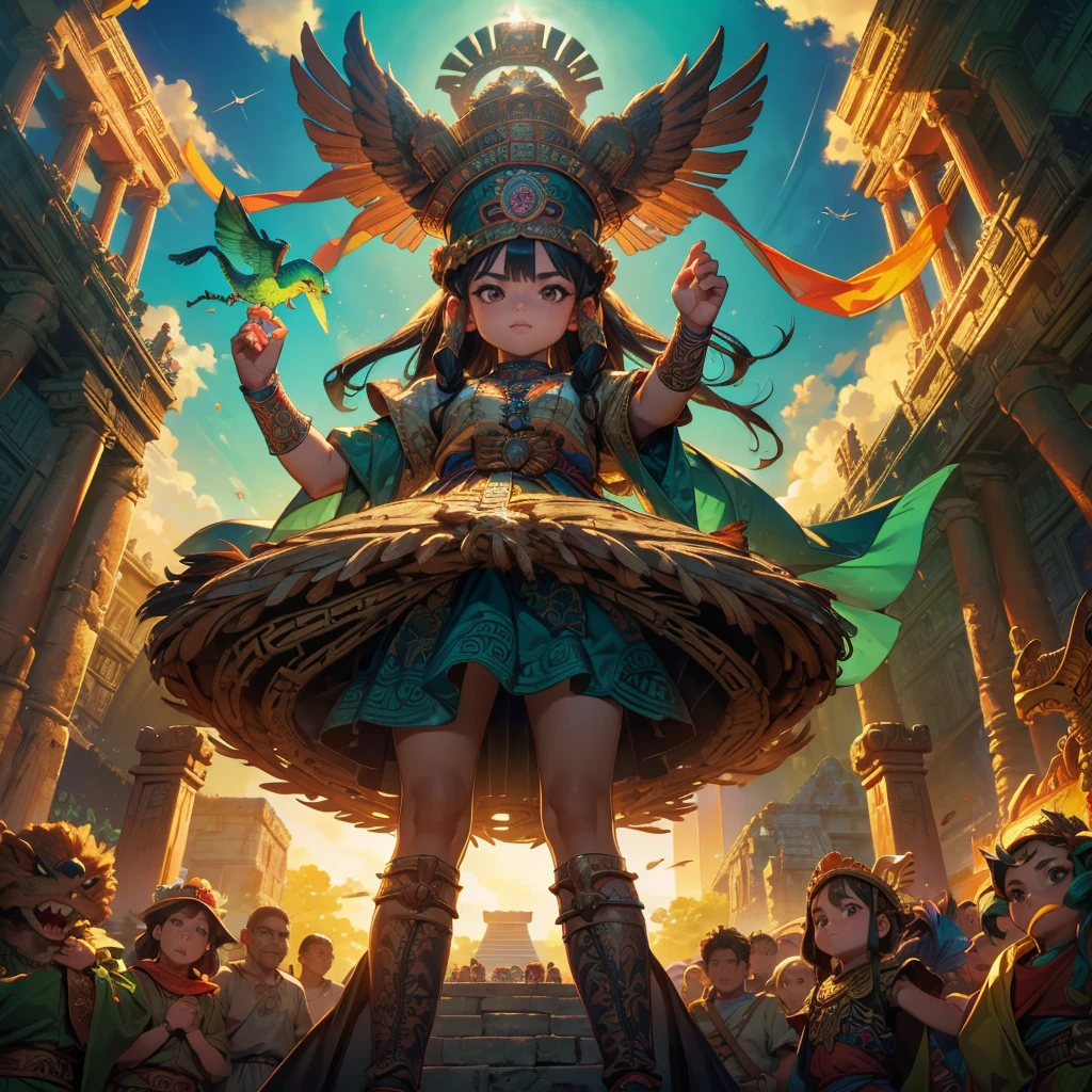 Childish,  high quality、Very detailed、８Year、Mayan Aztec young priestess、Flying Feathered Serpent（Quetzalcoatl Kukulkan）Looking up at the sky and offering prayers、Chichen Itza Temple of the Sun in the Forest、mysterious、