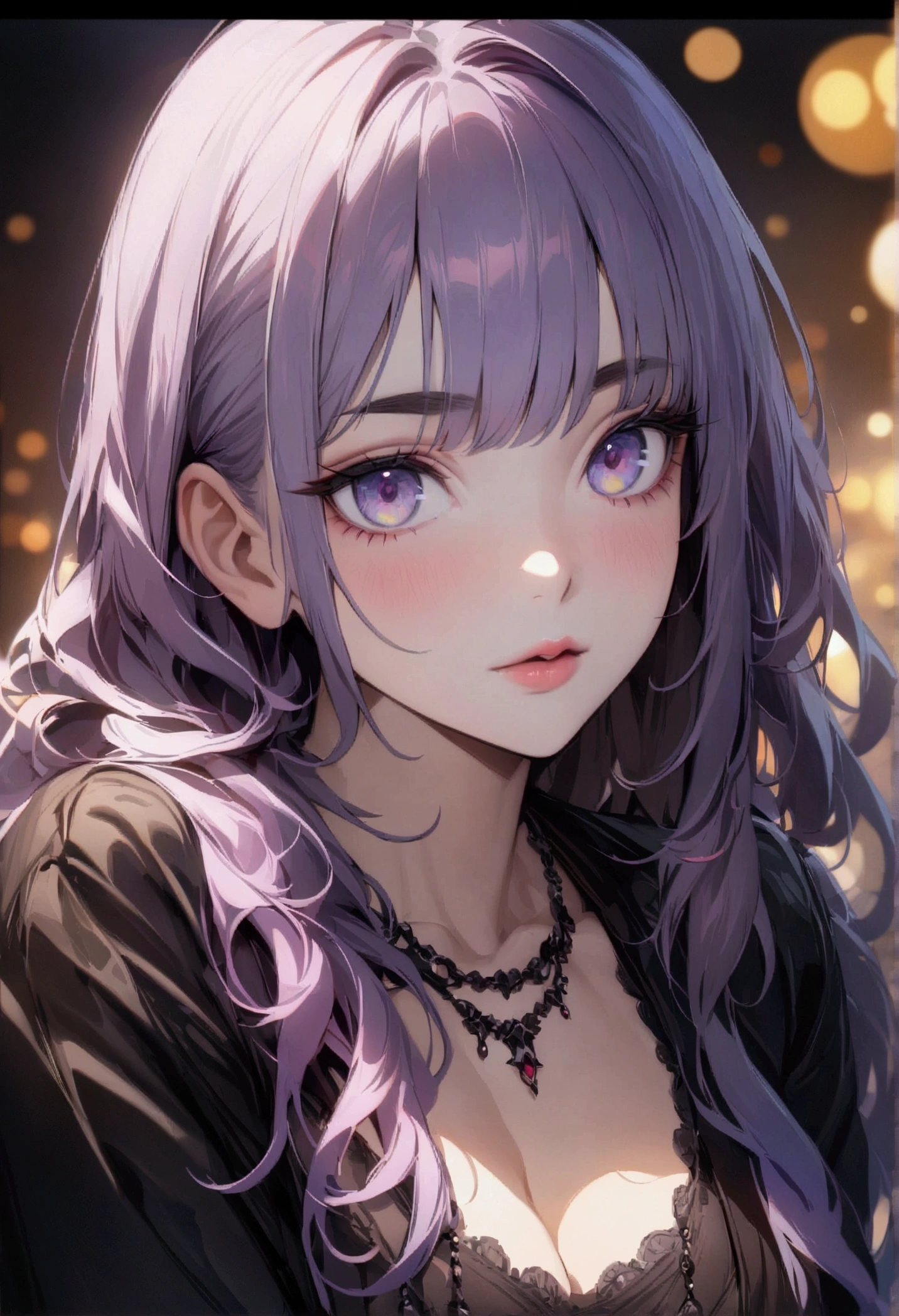 (best quality,4k,8k,highres,masterpiece:1.2),ultra-detailed,HDR,UHD,anime women,ultra-fine painting,sharp focus,physically-based rendering,extreme detail description,professional,vivid colors,bokeh,girl,beautiful detailed eyes,beautiful detailed lips,extremely detailed eyes and face,longeyelashes,dark eyebrows,long hair,black jacket ,violet hair,portrait,soft color palette,natural lighting, goth necklace, sitting on a chair beside desk.