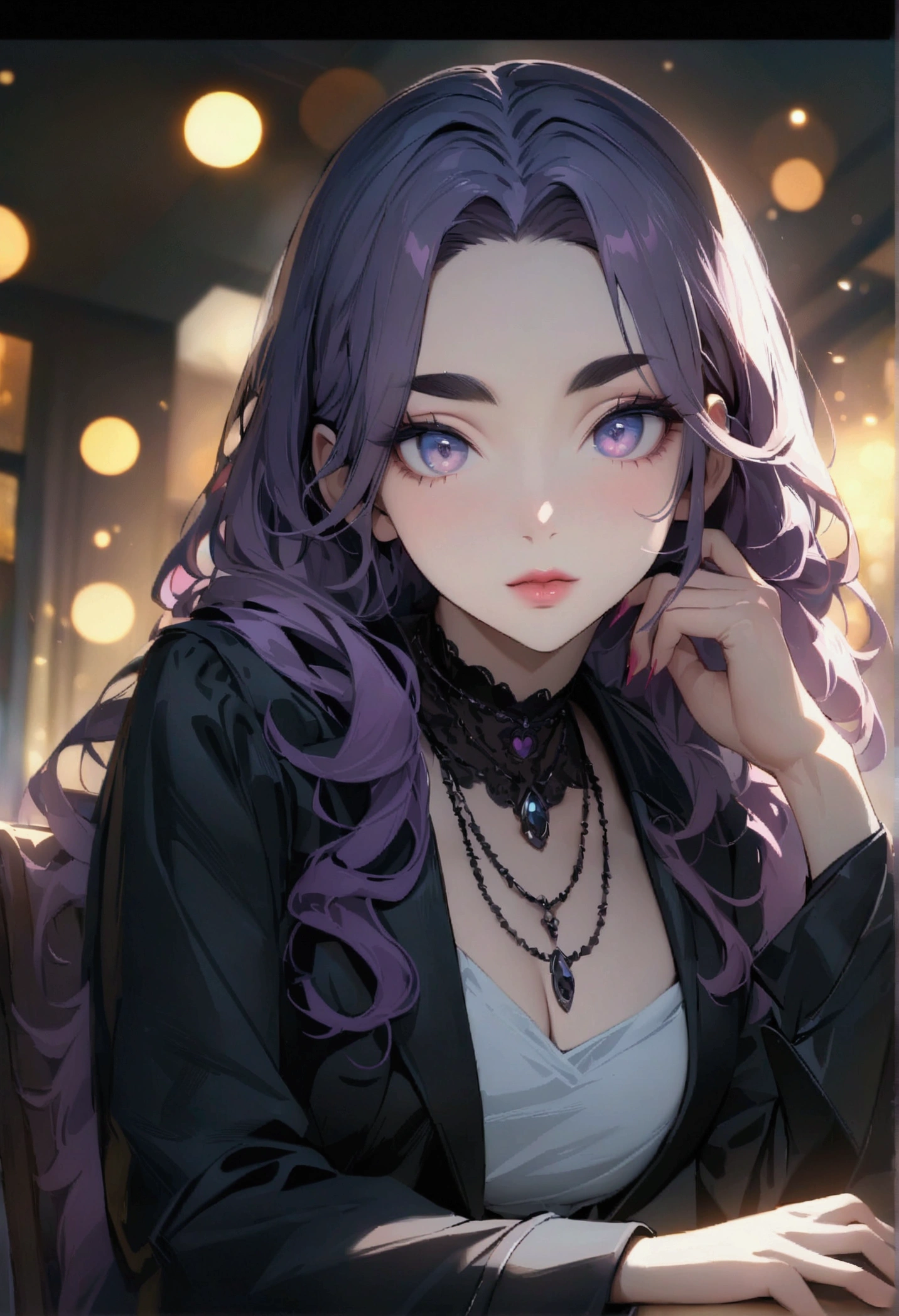 (best quality,4k,8k,highres,masterpiece:1.2),ultra-detailed,HDR,UHD,anime women,ultra-fine painting,sharp focus,physically-based rendering,extreme detail description,professional,vivid colors,bokeh,girl,beautiful detailed eyes,beautiful detailed lips,extremely detailed eyes and face,longeyelashes,dark eyebrows,long hair,black jacket ,violet hair,portrait,soft color palette,natural lighting, goth necklace, sitting on a chair beside desk.