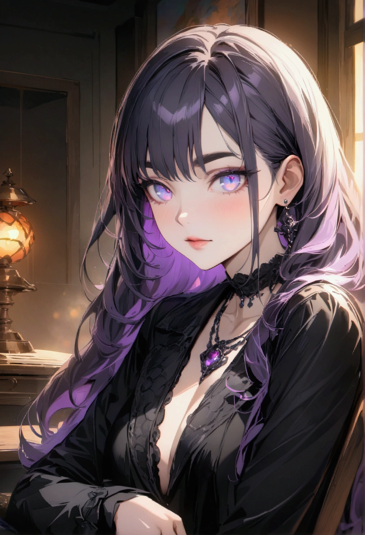 (best quality,4k,8k,highres,masterpiece:1.2),ultra-detailed,HDR,UHD,anime women,ultra-fine painting,sharp focus,physically-based rendering,extreme detail description,professional,vivid colors,bokeh,girl,beautiful detailed eyes,beautiful detailed lips,extremely detailed eyes and face,longeyelashes,dark eyebrows,long hair,black jacket ,violet hair,portrait,soft color palette,natural lighting, goth necklace, sitting on a chair beside desk.