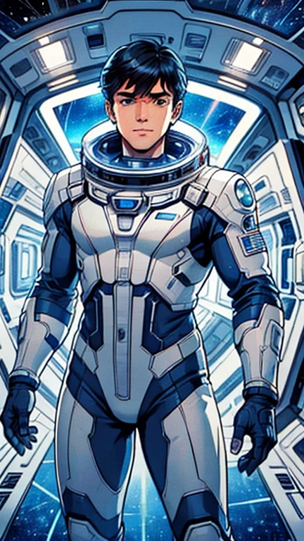 (1male,clark,blue eyes), (extremely detailed CG unit 8k wallpaper),(master part), (best quality), (ultra detail), (best illustration),(kirbywood, drawing, vintage color comics), cowboy shot, (Sharp eyeliner, ombre, detailed eyes:1), Outer Space Station interiors background, ,break , (astronaut in an orange space suit),upper body,very short hair,black hair