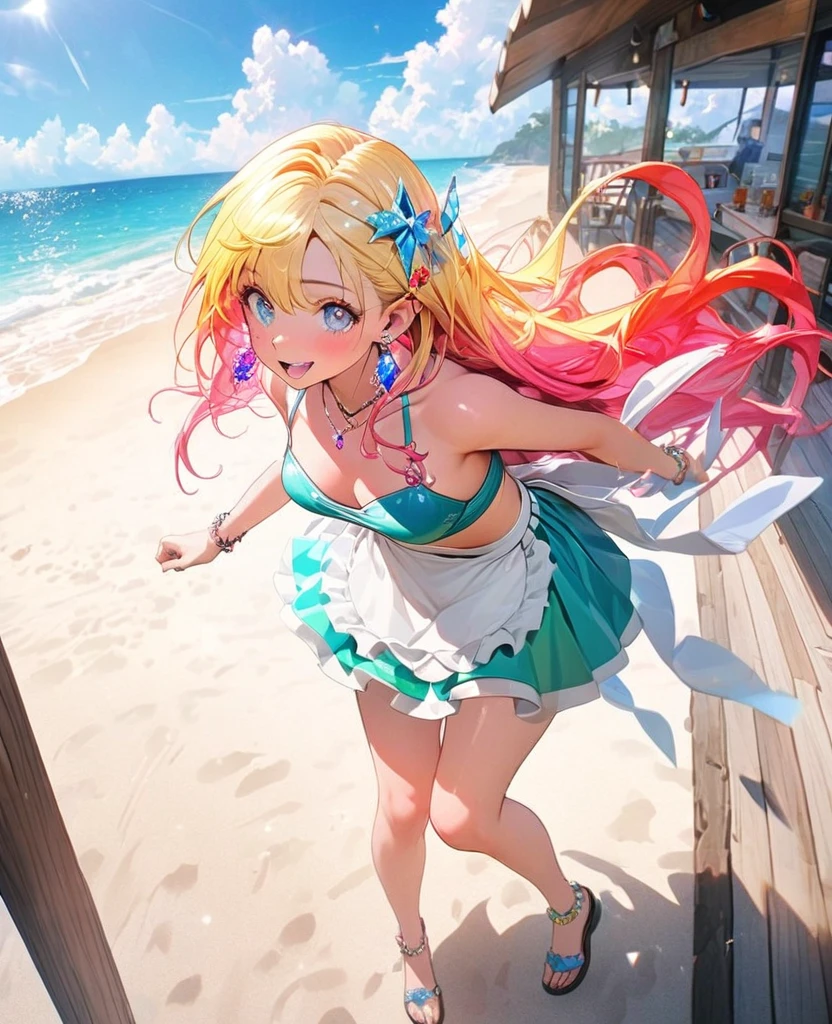8K,gal,an extremely delicate and beautiful,Beautiful and realistic skin,Shiny jewel-like earrings,Shine like glitter long colorful hair,beautiful eyes,bikini,hot pants,apron,carry beer,full body,beach house