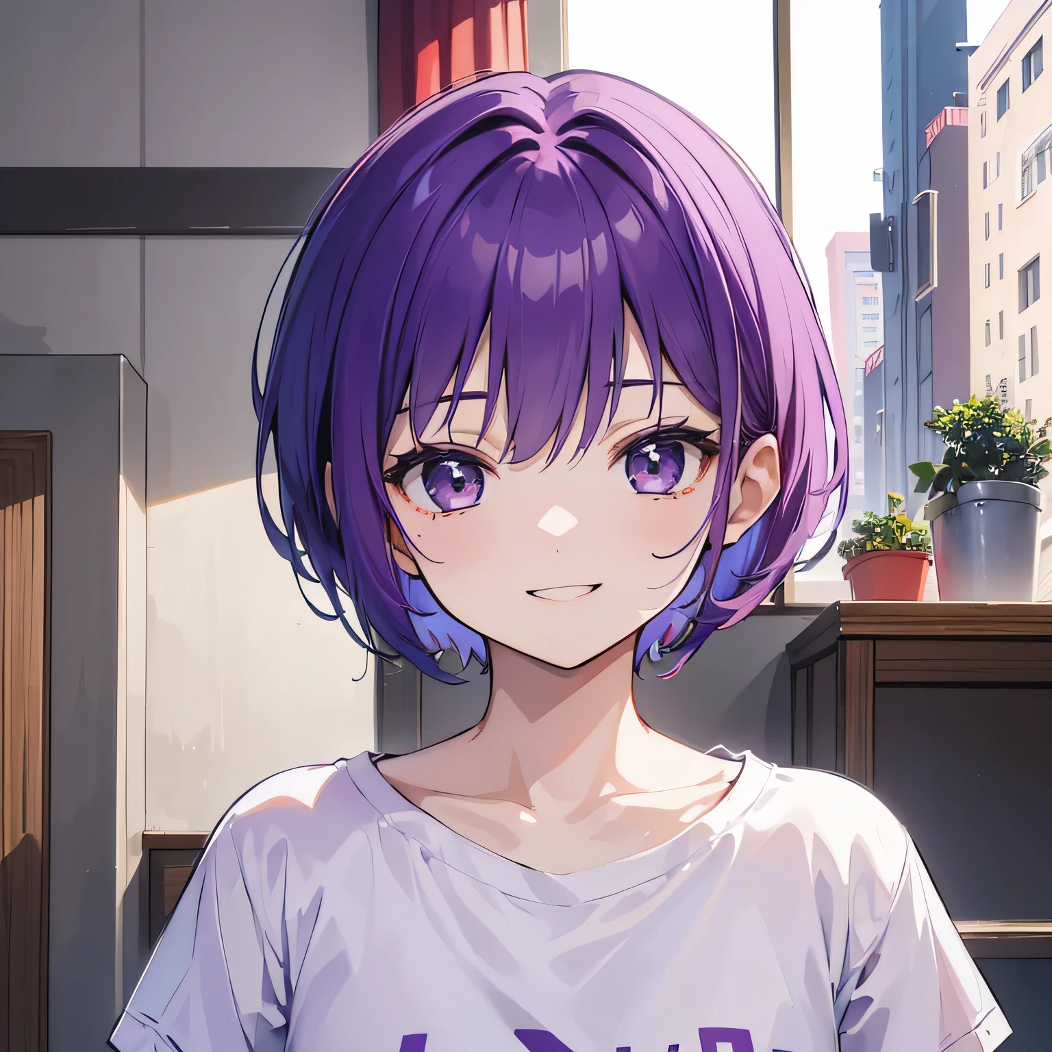 (T Masterpiece,4K wallpaper,Best Quality))、((girl1people))、(solo)、Bright and Brilliant,(Purple Hair)、(short hair:1.3)、smile、Bedroom、T-Shirtorning