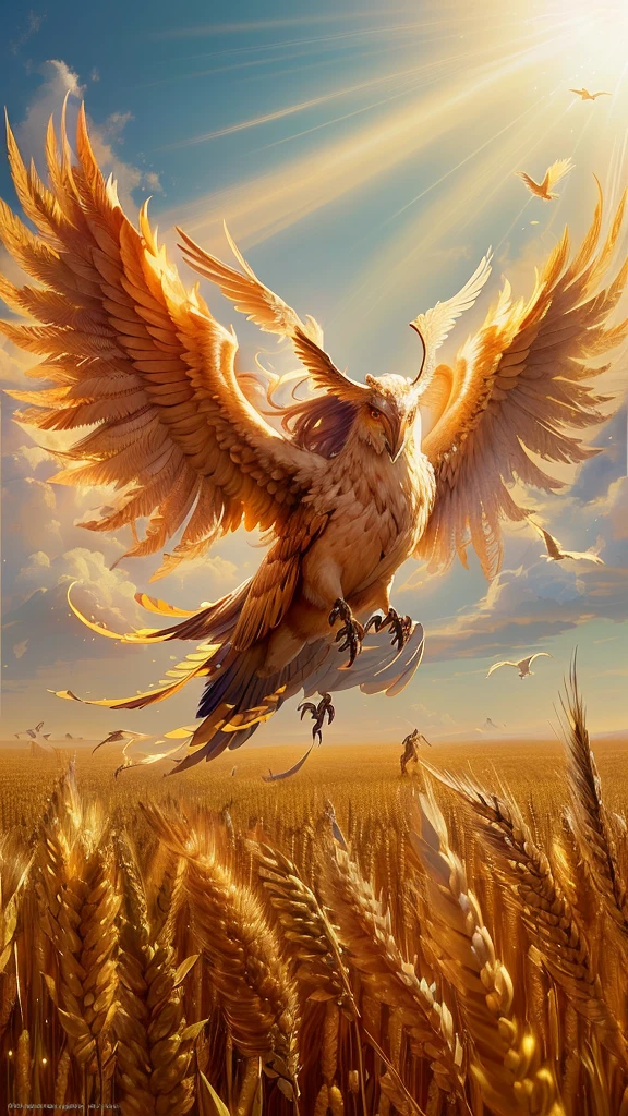 there is a bird that is flying over a field of wheat, mythical creature, epic fantasy digital art, flying mythical beasts, gryphon, epic digital art illustration, beautiful digital artwork, ''wallpaper of a phoenix, greek myth digital painting, epic digital art, fantasy epic digital art, epic digital painting, a mythical creature, amazing wallpaper, mythical creatures, 4k fantasy art