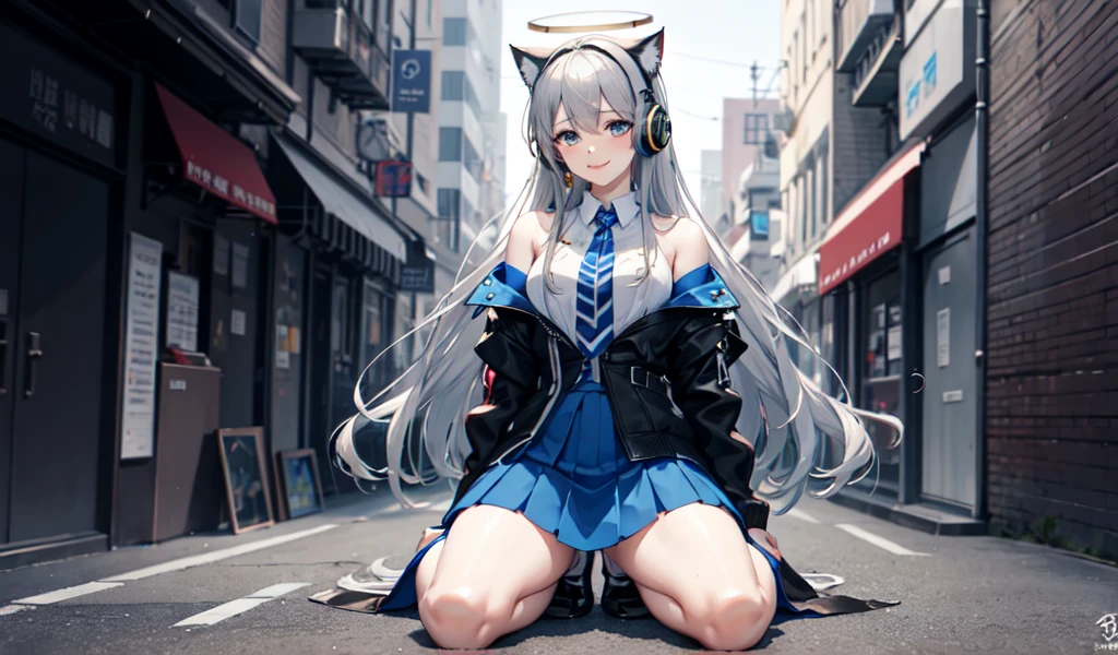 ((The best quality at its best)), ((masterpiece)), (detailed), Perfect face very detailed,masterpiece,The best quality at its best,Official Art,非常にdetailedな CG 統合 8k 壁紙, Like the whole body, The only person, Female student, trendy style, Long silvery grey hair, shoulder length long hair, Futuristic blue halo around head, ((sat on the ground)), To the camera, (Meters :1.1), Futuristic costume, Metersechanical, ((dark blue skirt with light blue lace)), ((Black jacket with blue stripes)), JK skirt, Cat ear headphones on your head, smile, The background is a city street, ((Right eye tear