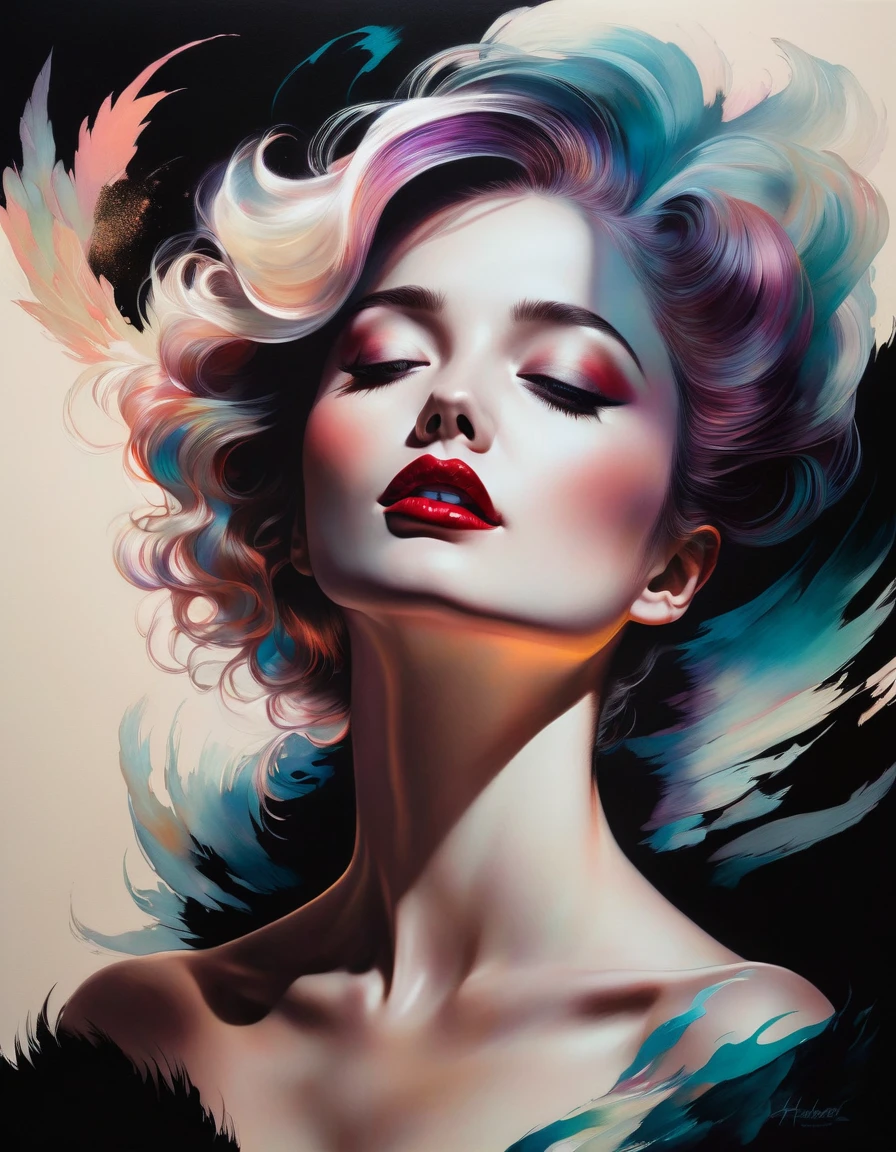 Chiaroscuro technique on sensual illustration of elegant woman, vintage , matte creepy, silky matte painting, Hannah Dale, author Harumi Hironaka, extremely soft colors, Bright, very detailed, digital work of art, high contrast, dramatic, exquisite, tonal, Focus on touch, Connection, and relaxation