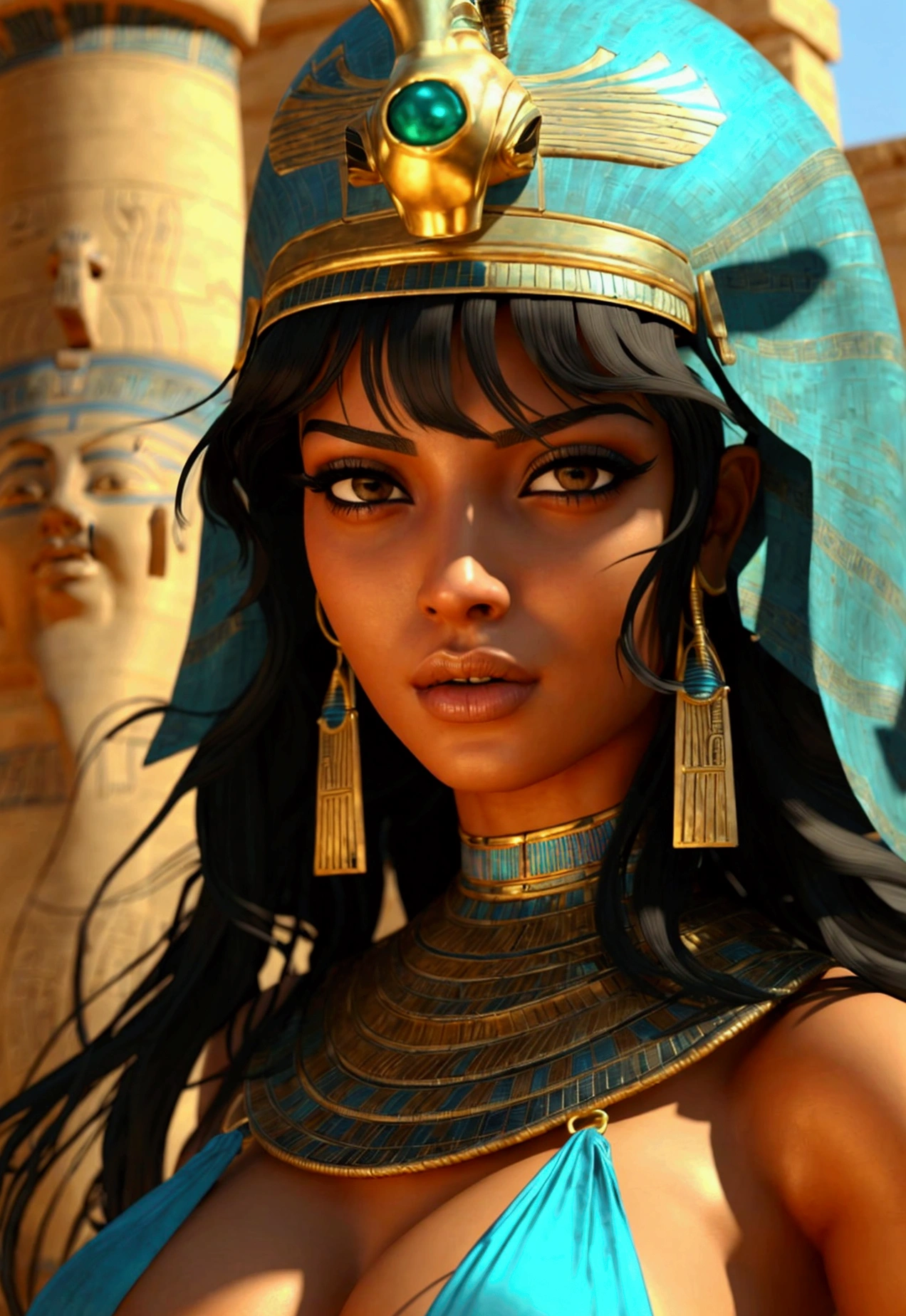 Masterpiece, best quality, brilliant details, cinematic lighting, exciting perspective, young pretty woman, beautiful face, perfect eyes, big breasts, narrow waist, wide hips, North African type, flawless skin, textured skin, cinematic pose, black hair, ancient Egyptian pleasure slave, erotic artwork, sexy, Egypt, pharaoh, 