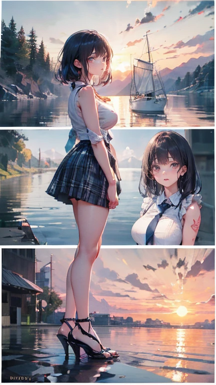 Anime Kawaii sexy Perfect Slim sensual body large breast and huge thighs, An intricate and highly detailed illustration of anime (Young girl). ((Biologically correct member count))、(( full body including face))、4K、work of art、((focus on the face))、((Symmetrical, well-proportioned facial features))、Eyes with delicate representations、(((1 person)))、beautfull woman、Outstanding Style、slenderbody、(((High heels with ankletshinestones sleeveless、plaid hip skirt)))、necktie、(((photo with white frame、photo with white frame)))、((looking up))、unexpressive、(((riverside、stay on the surface of the water)))、(Upper body close-up photo)、greatest angle、dawn、Raby、((A backlit photo with the sun in the background))、Calf tattoo、