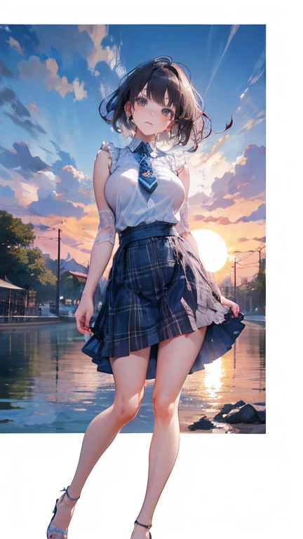 Anime Kawaii sexy Perfect Slim sensual body large breast and huge thighs, An intricate and highly detailed illustration of anime (Young girl). ((Biologically correct member count))、(( full body including face))、4K、work of art、((focus on the face))、((Symmetrical, well-proportioned facial features))、Eyes with delicate representations、(((1 person)))、beautfull woman、Outstanding Style、slenderbody、(((High heels with ankletshinestones sleeveless、plaid hip skirt)))、necktie、(((photo with white frame、photo with white frame)))、((looking up))、unexpressive、(((riverside、stay on the surface of the water)))、(Upper body close-up photo)、greatest angle、dawn、Raby、((A backlit photo with the sun in the background))、Calf tattoo、